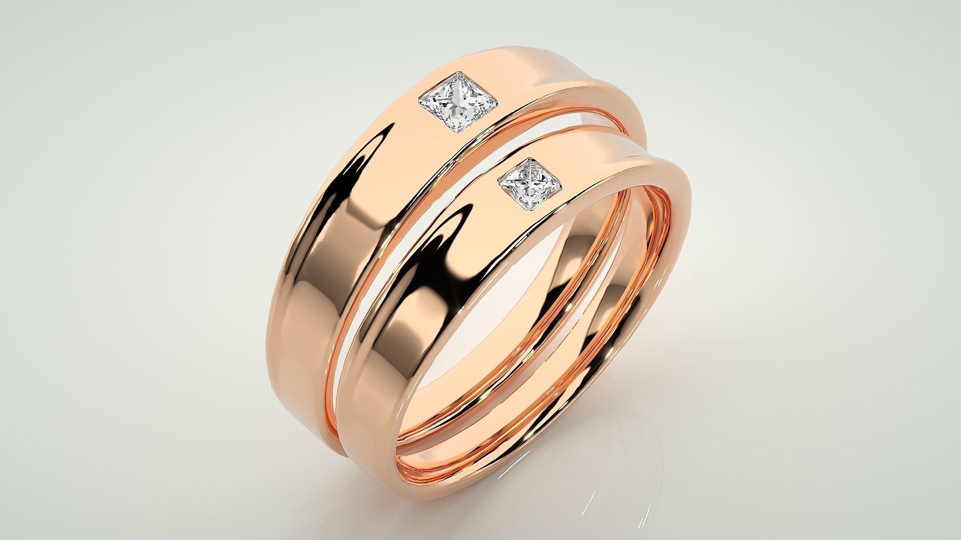 Princess Solitaire Couple Band Ring 3dm stl render detail 3D print model_3