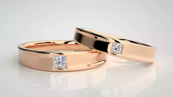 Princess Solitaire Couple Band Ring 3dm stl render detail 3D print model