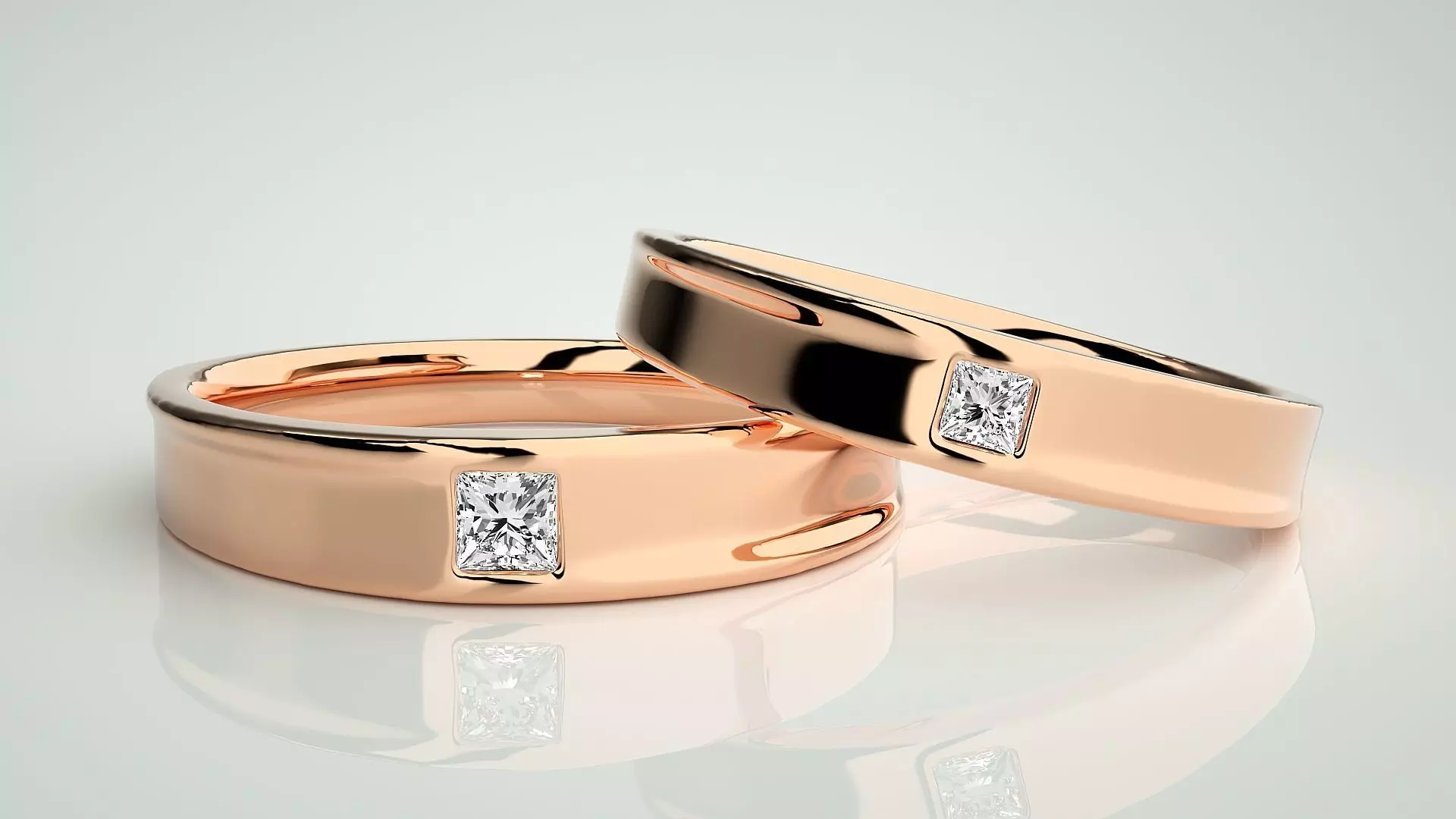 Princess Solitaire Couple Band Ring 3dm stl render detail 3D print model_0