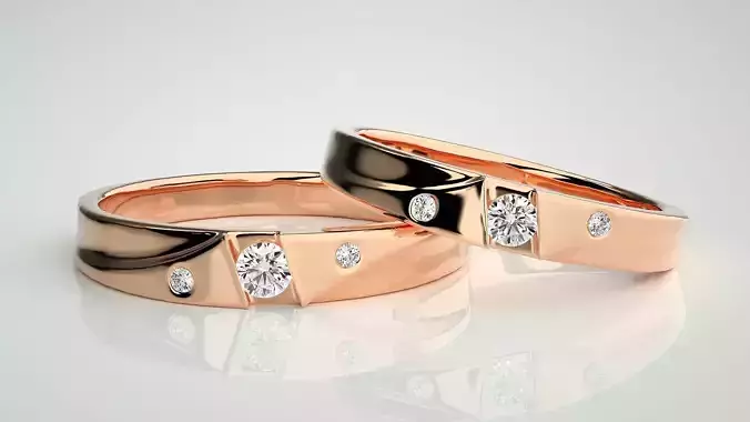 Solitaire Couple Band Ring 3dm stl render detail