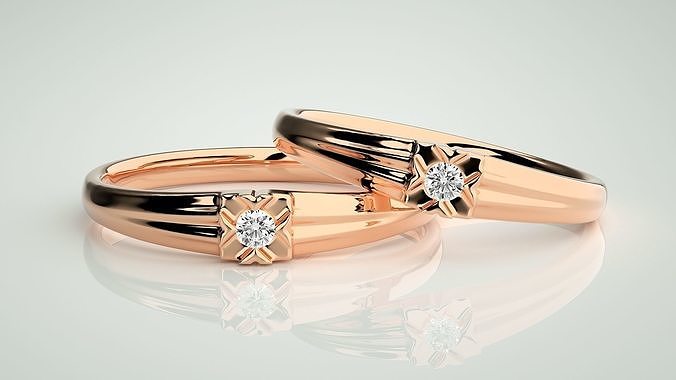 X Solitaire Couple Band Ring 3dm stl render detail  3D print model