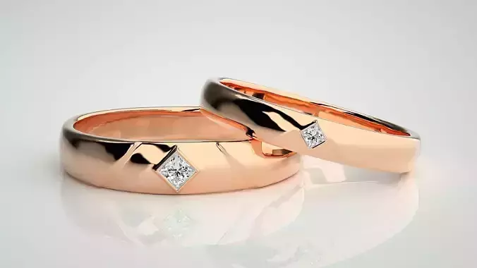 Princess Solitaire Couple Band Ring 3dm stl render detail  3D print model