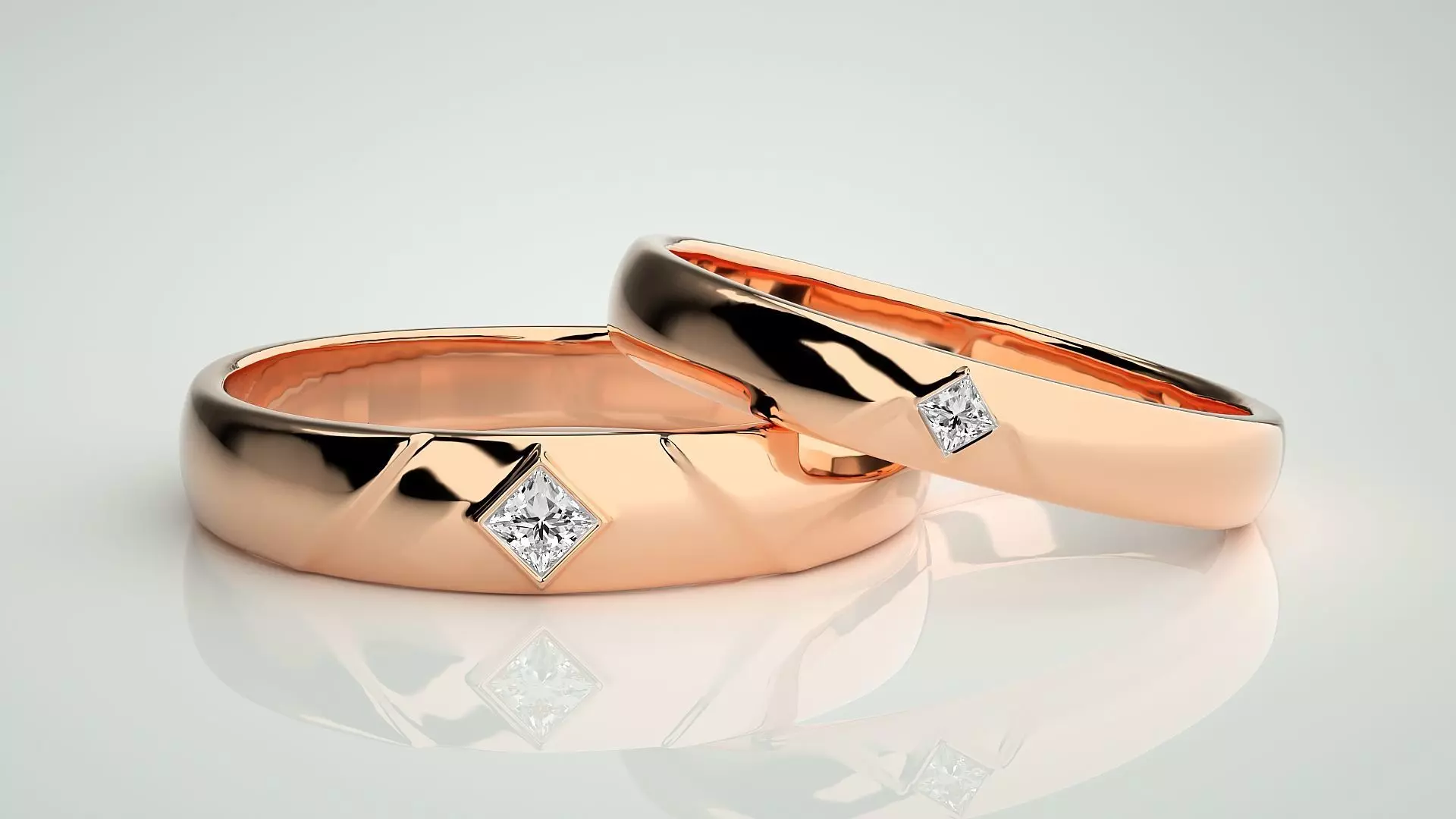 Princess Solitaire Couple Band Ring 3dm stl render detail  3D print model_0