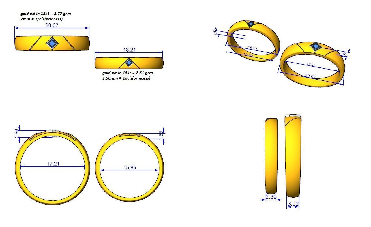 Princess Solitaire Couple Band Ring 3dm stl render detail  3D print model_3