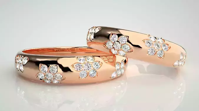 Flower Theme Couple Band Ring 3dm stl render detail 