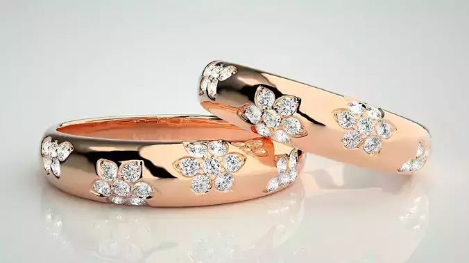 Flower Theme Couple Band Ring 3dm stl render detail 