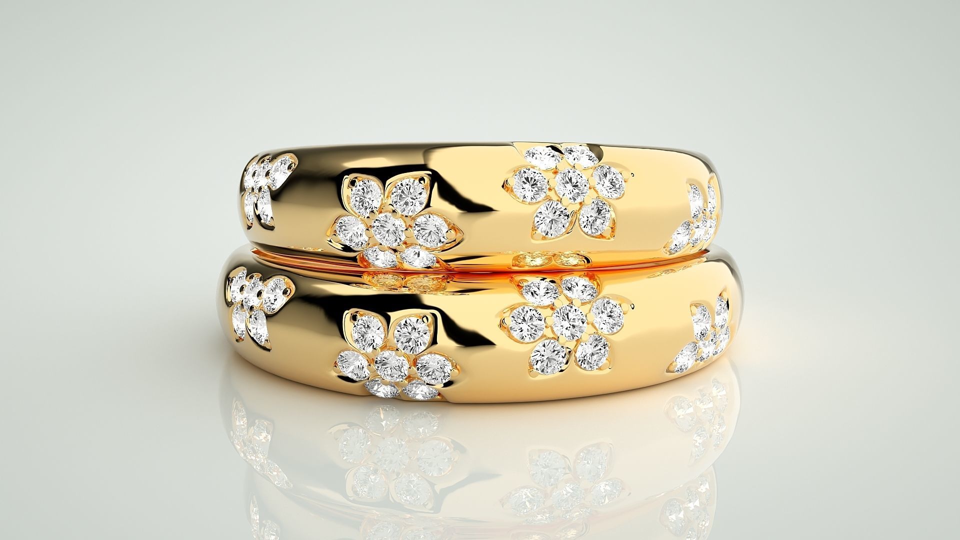 Flower Theme Couple Band Ring 3dm stl render detail 3D print model_10