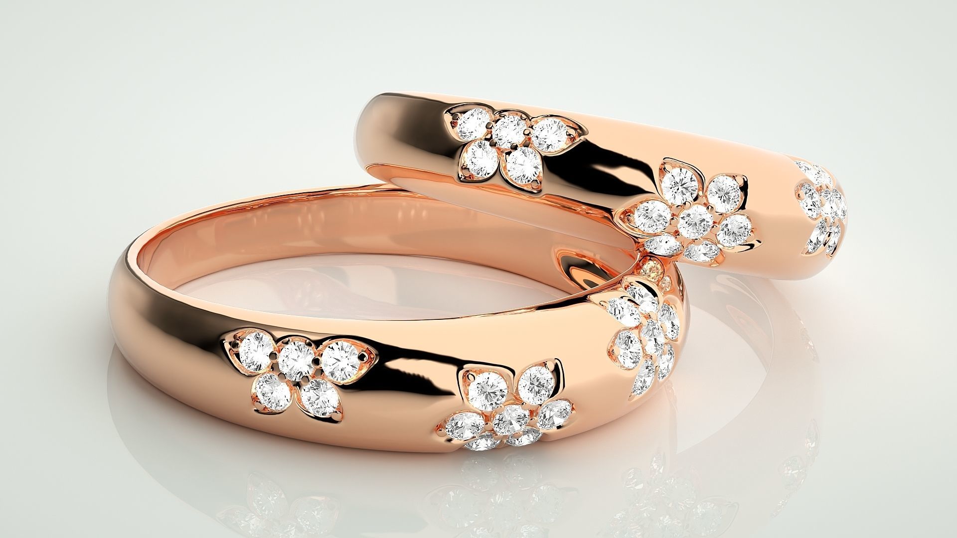 Flower Theme Couple Band Ring 3dm stl render detail 3D print model_1