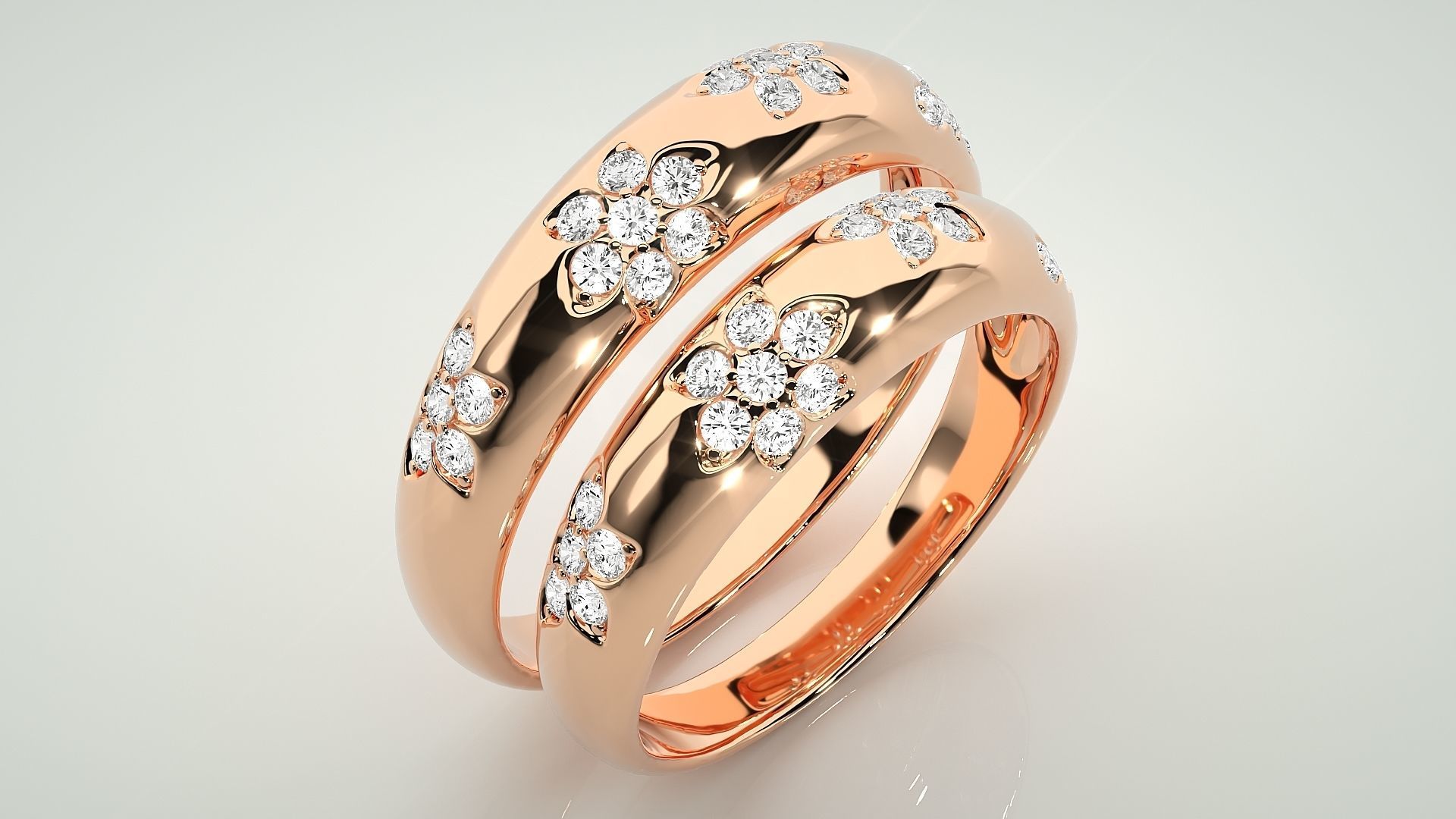 Flower Theme Couple Band Ring 3dm stl render detail 3D print model_3
