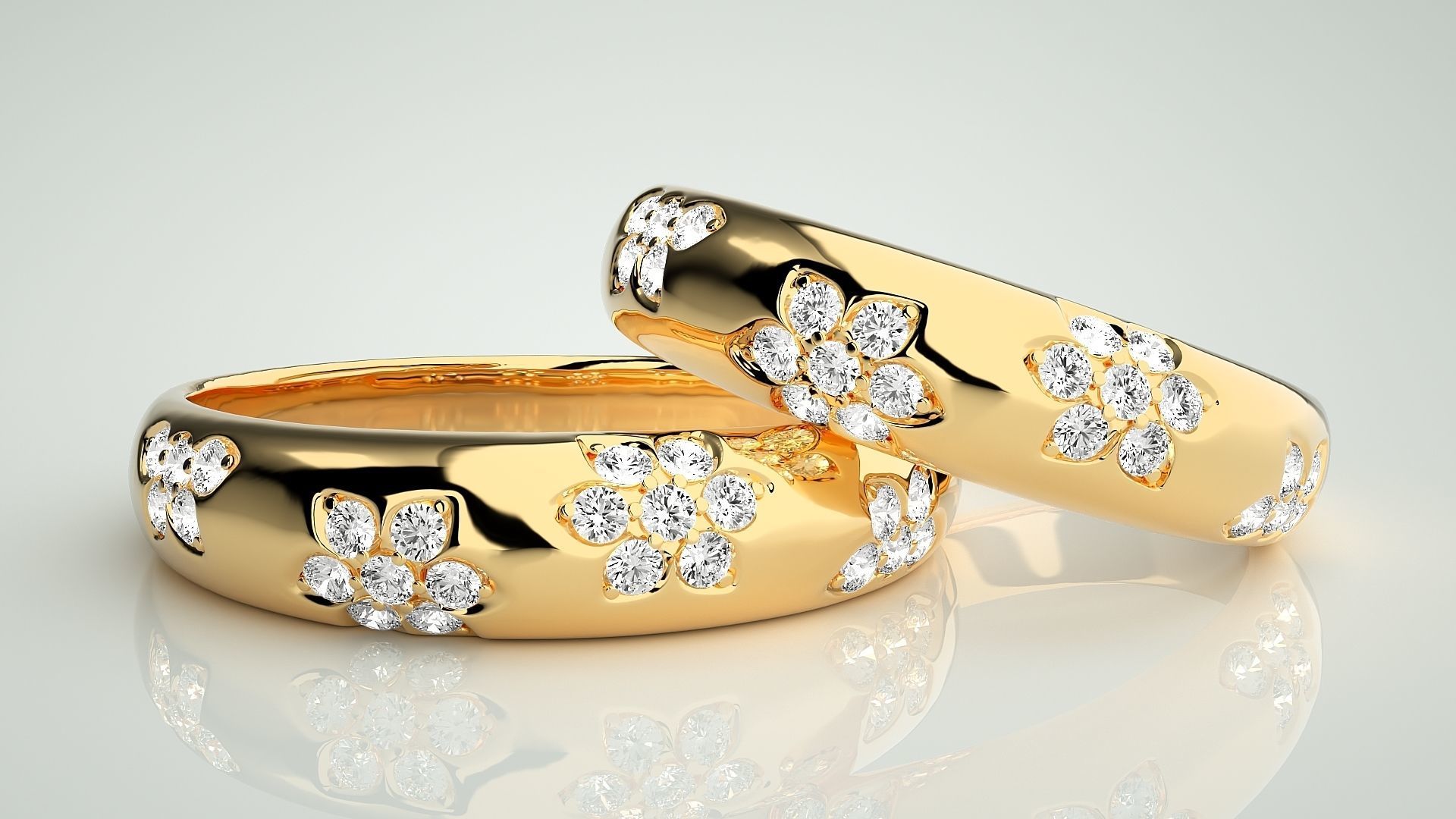 Flower Theme Couple Band Ring 3dm stl render detail 3D print model_8