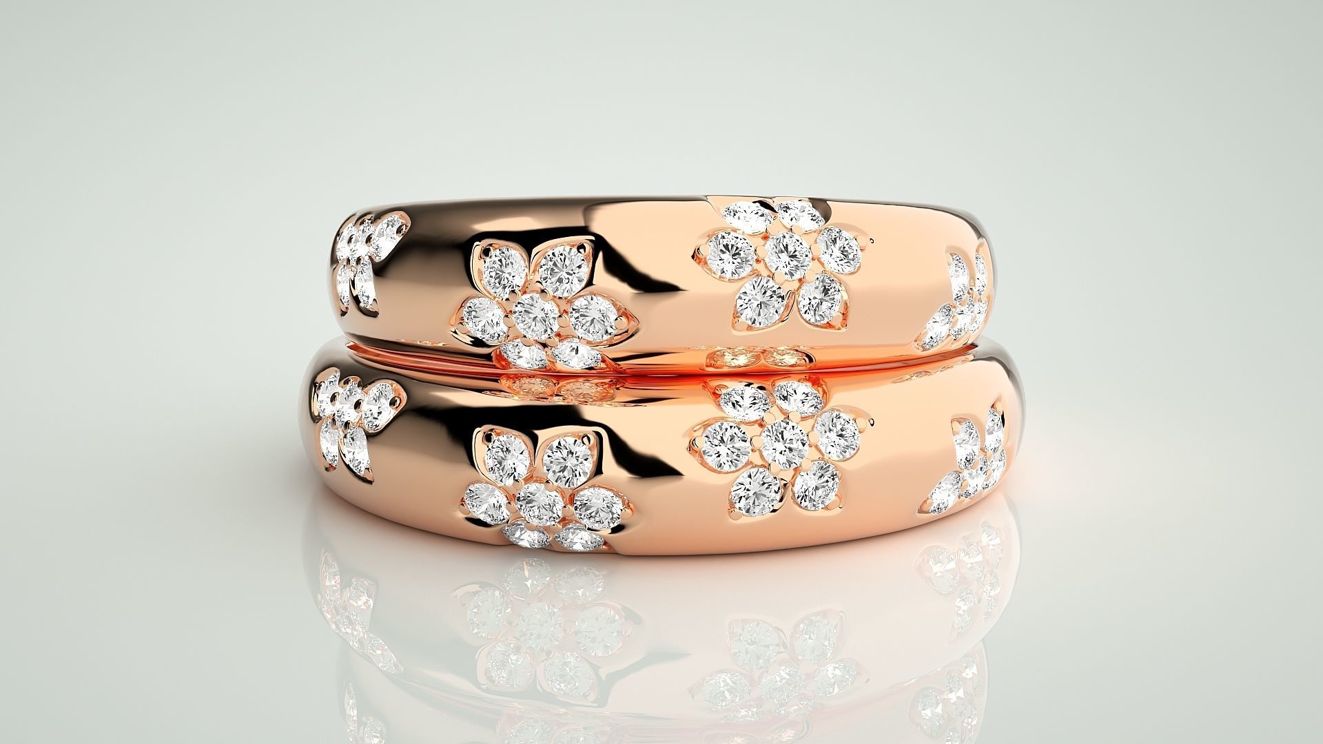 Flower Theme Couple Band Ring 3dm stl render detail 3D print model_2