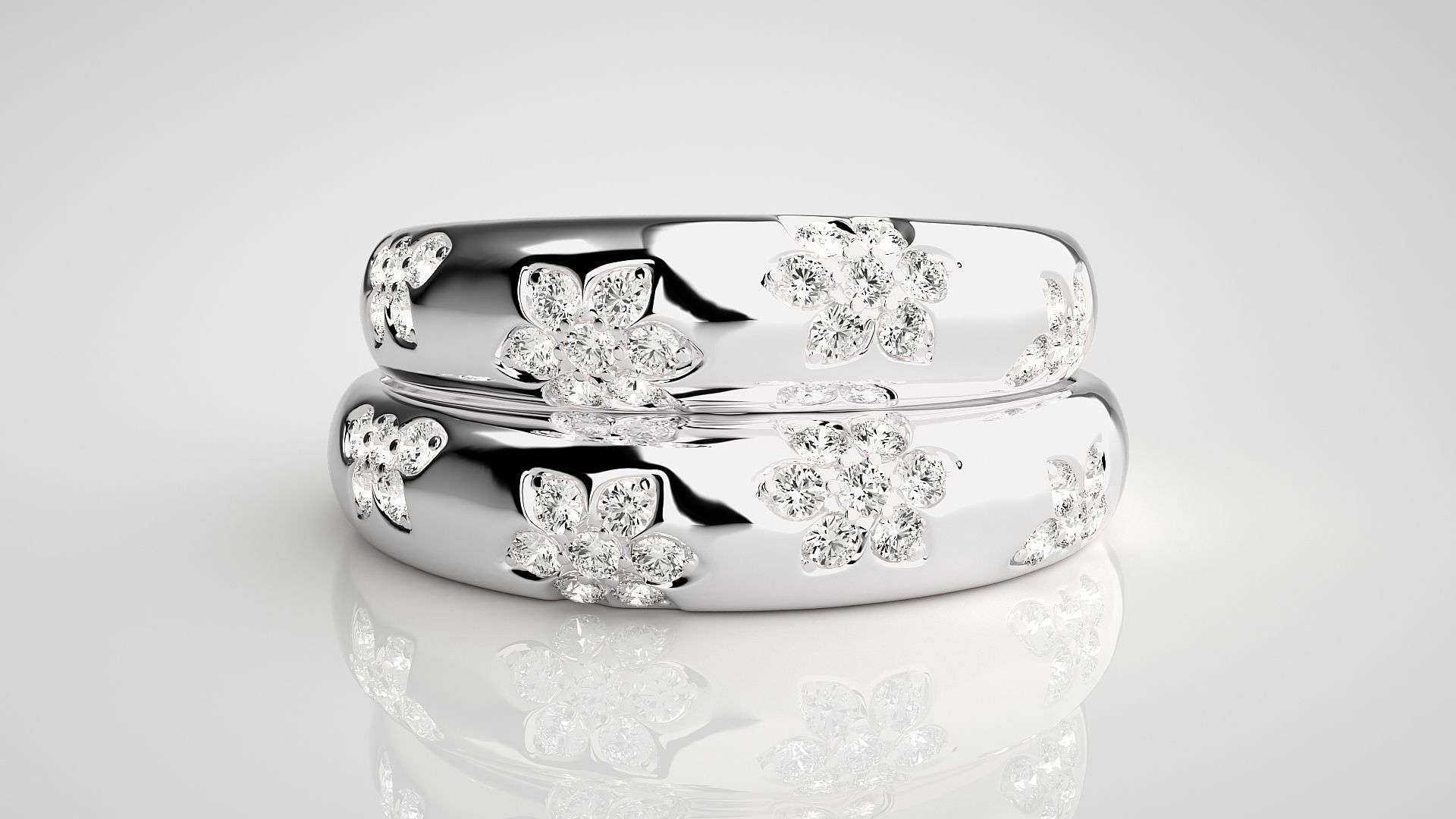 Flower Theme Couple Band Ring 3dm stl render detail 3D print model_6