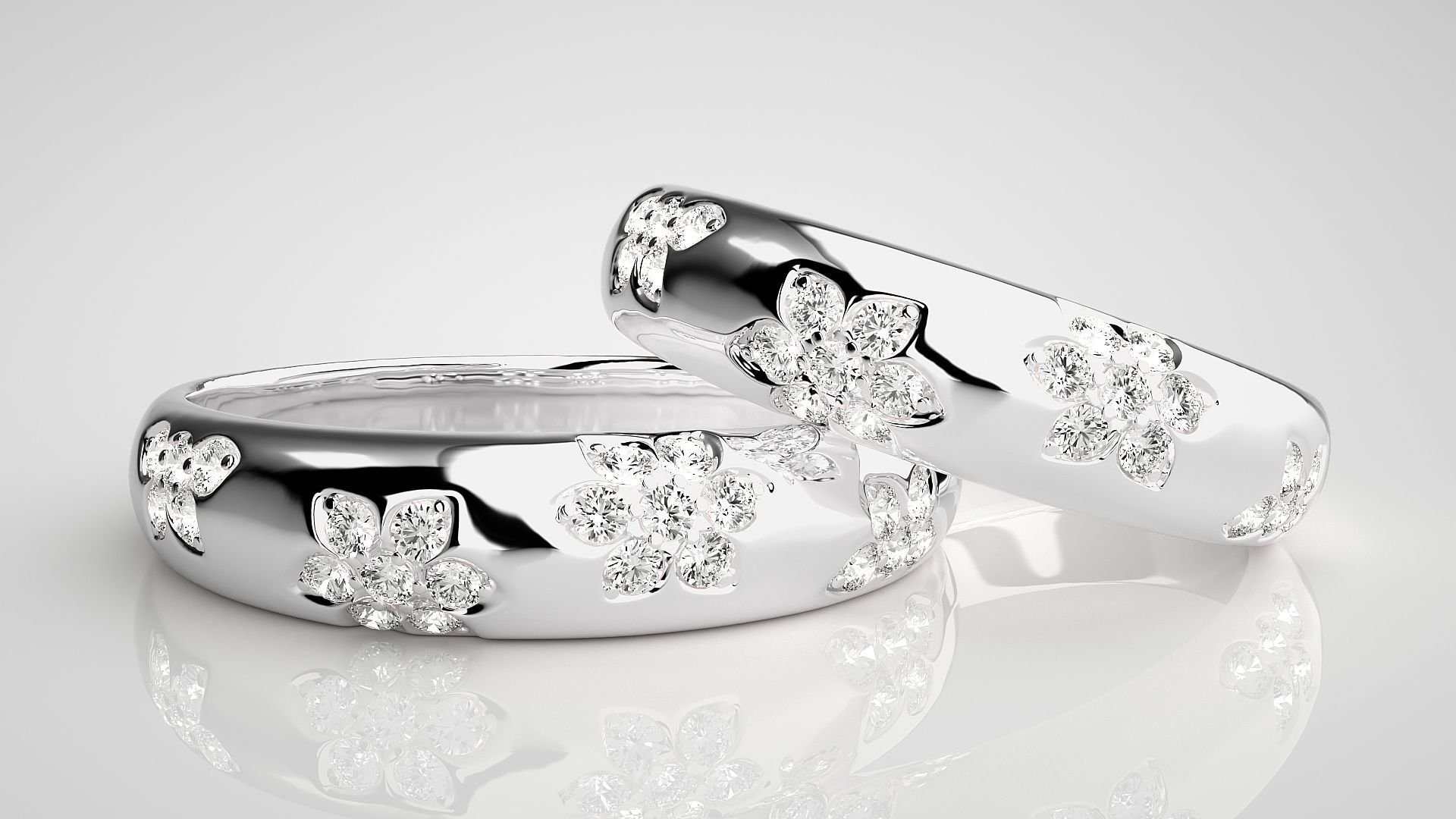 Flower Theme Couple Band Ring 3dm stl render detail 3D print model_4