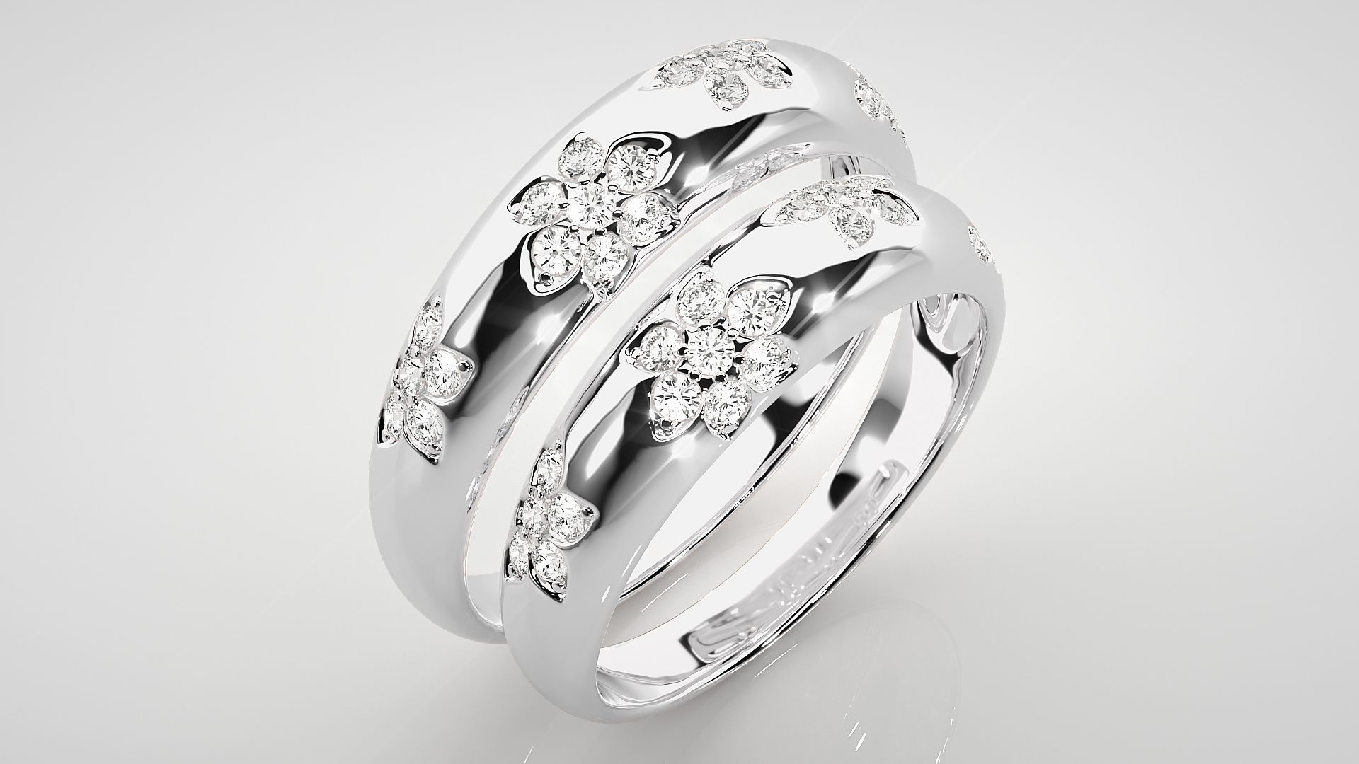 Flower Theme Couple Band Ring 3dm stl render detail 3D print model_7