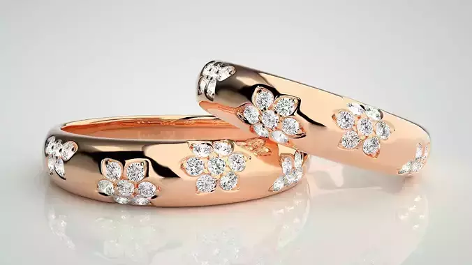 Flower Theme Couple Band Ring 3dm stl render detail 