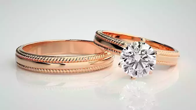 Solitaire Couple Band Ring 3dm stl render detail