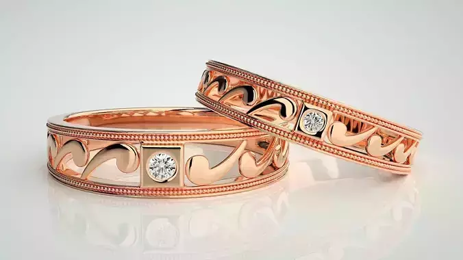 Solitaire Couple Band Ring 3dm stl render detail