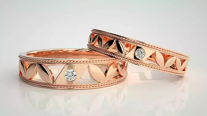 Solitaire Leaf Couple Band Ring 3dm stl render detail