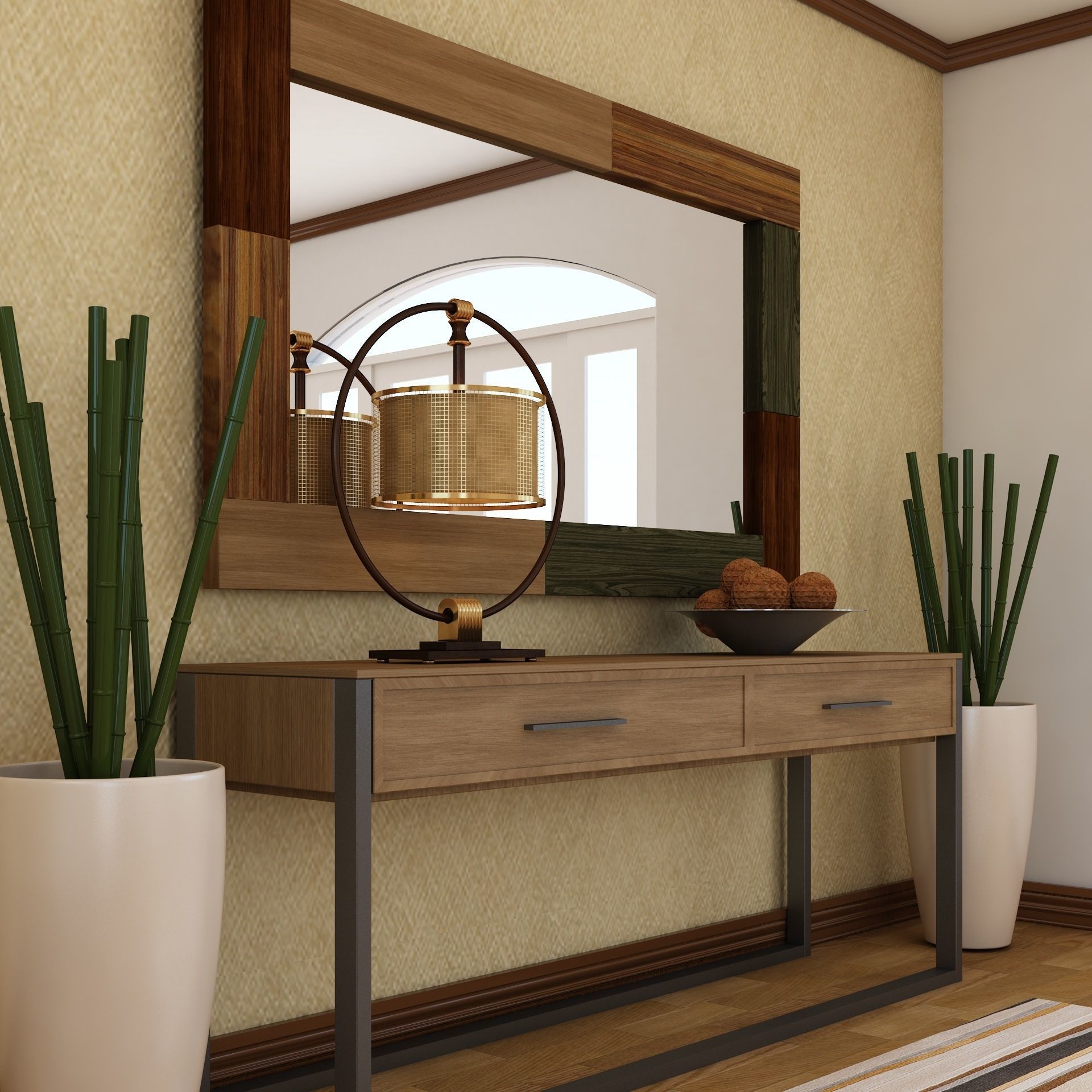 Living Room Wood Mirror Table Set 3D model 3D model_7