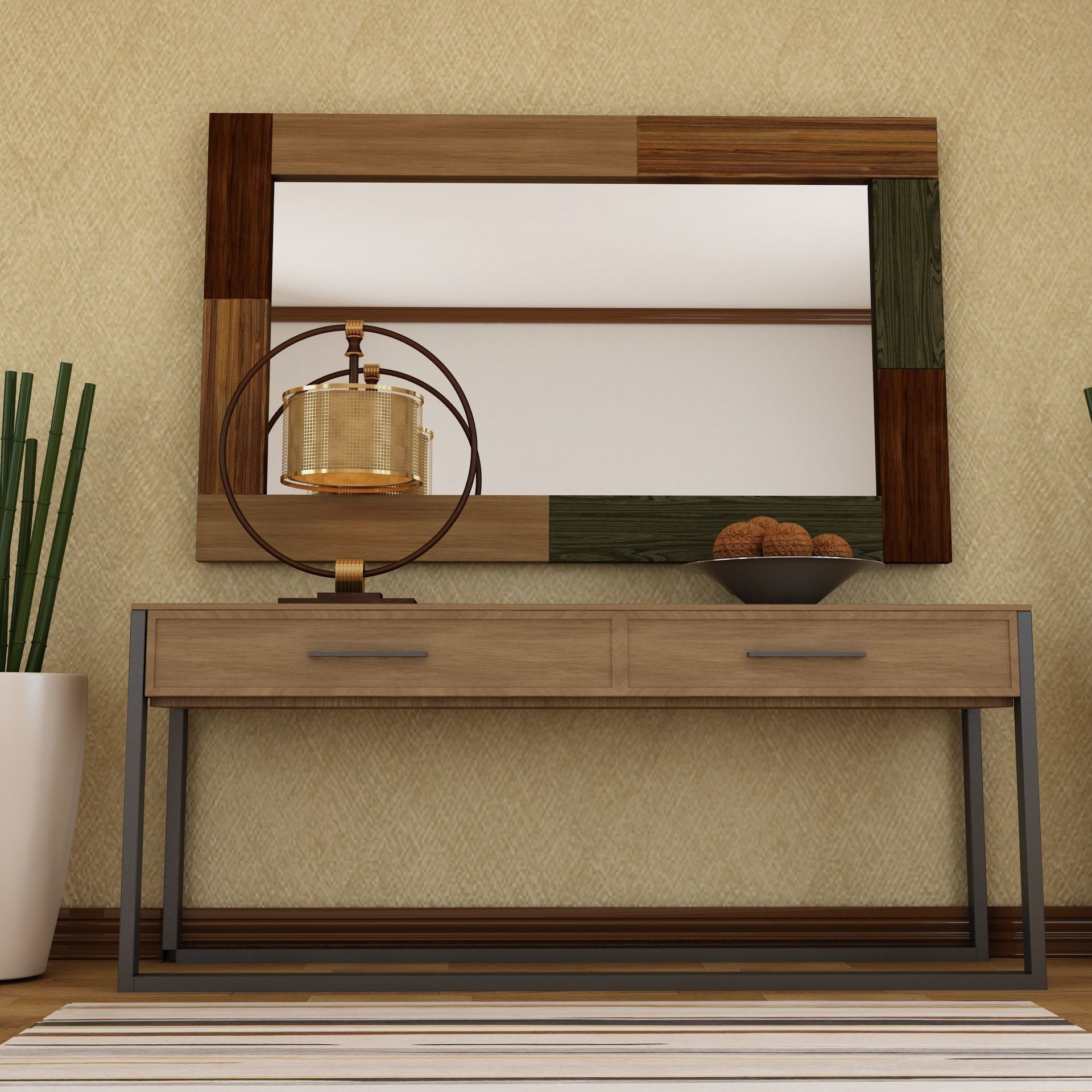 Living Room Wood Mirror Table Set 3D model 3D model_1