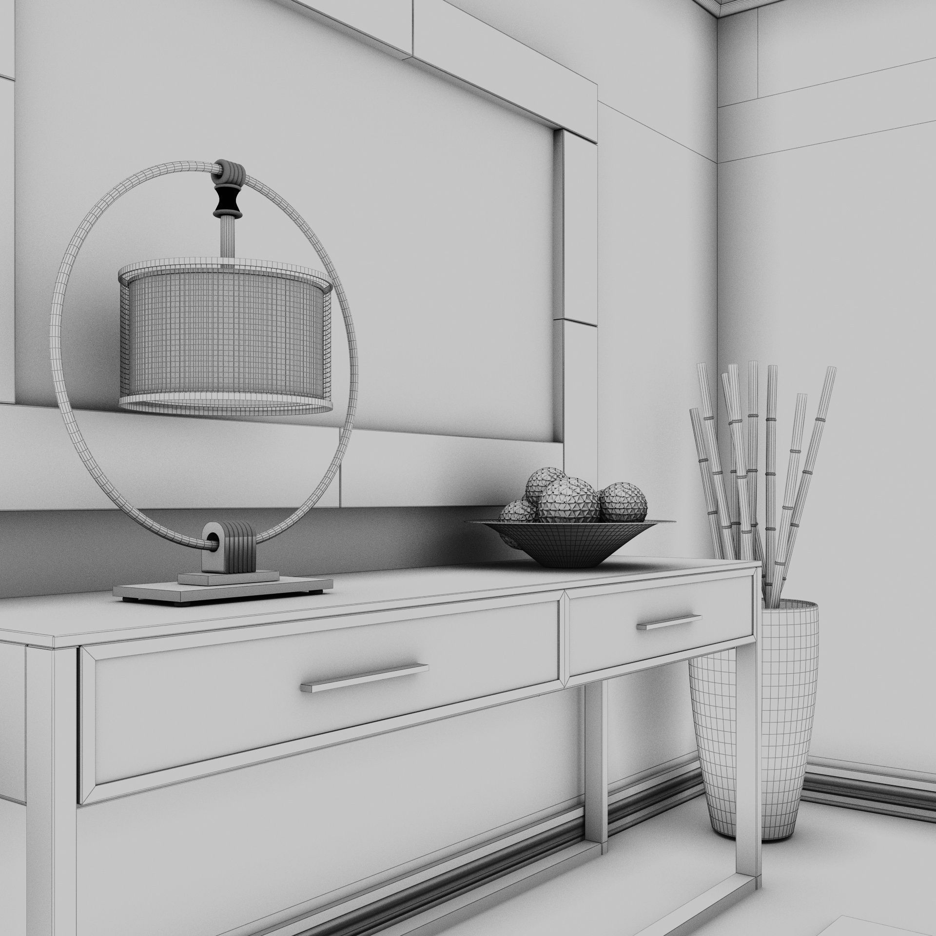 Living Room Wood Mirror Table Set 3D model 3D model_13