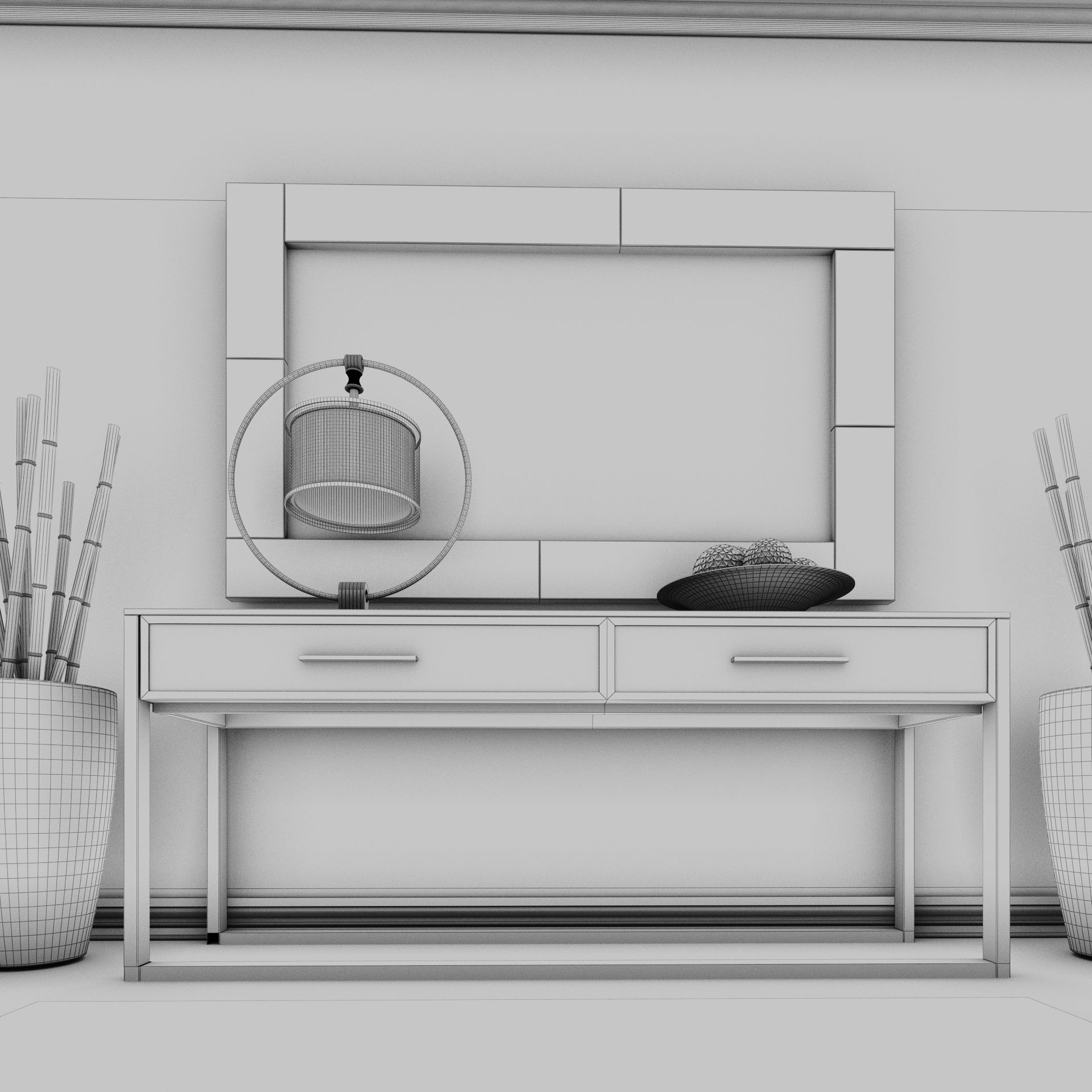 Living Room Wood Mirror Table Set 3D model 3D model_14