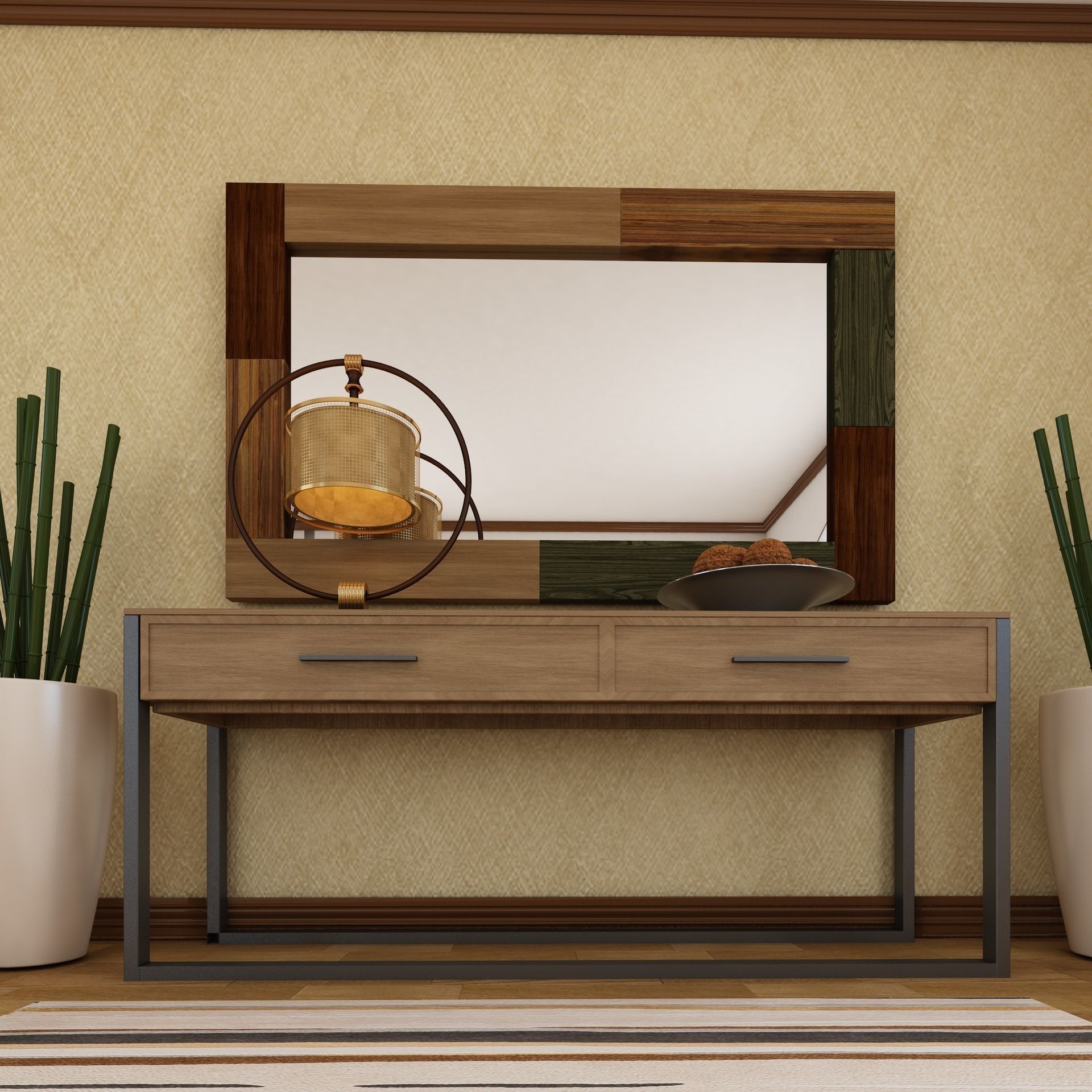 Living Room Wood Mirror Table Set 3D model 3D model_4