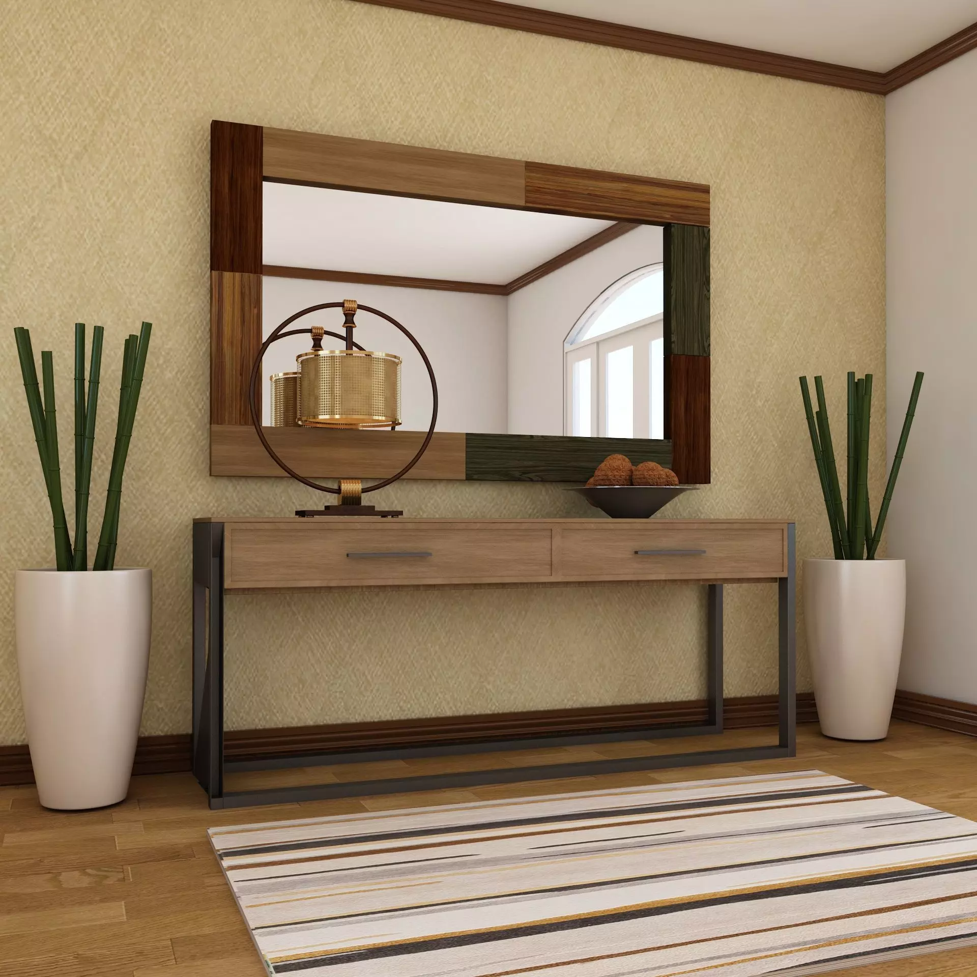 Living Room Wood Mirror Table Set 3D model 3D model_0