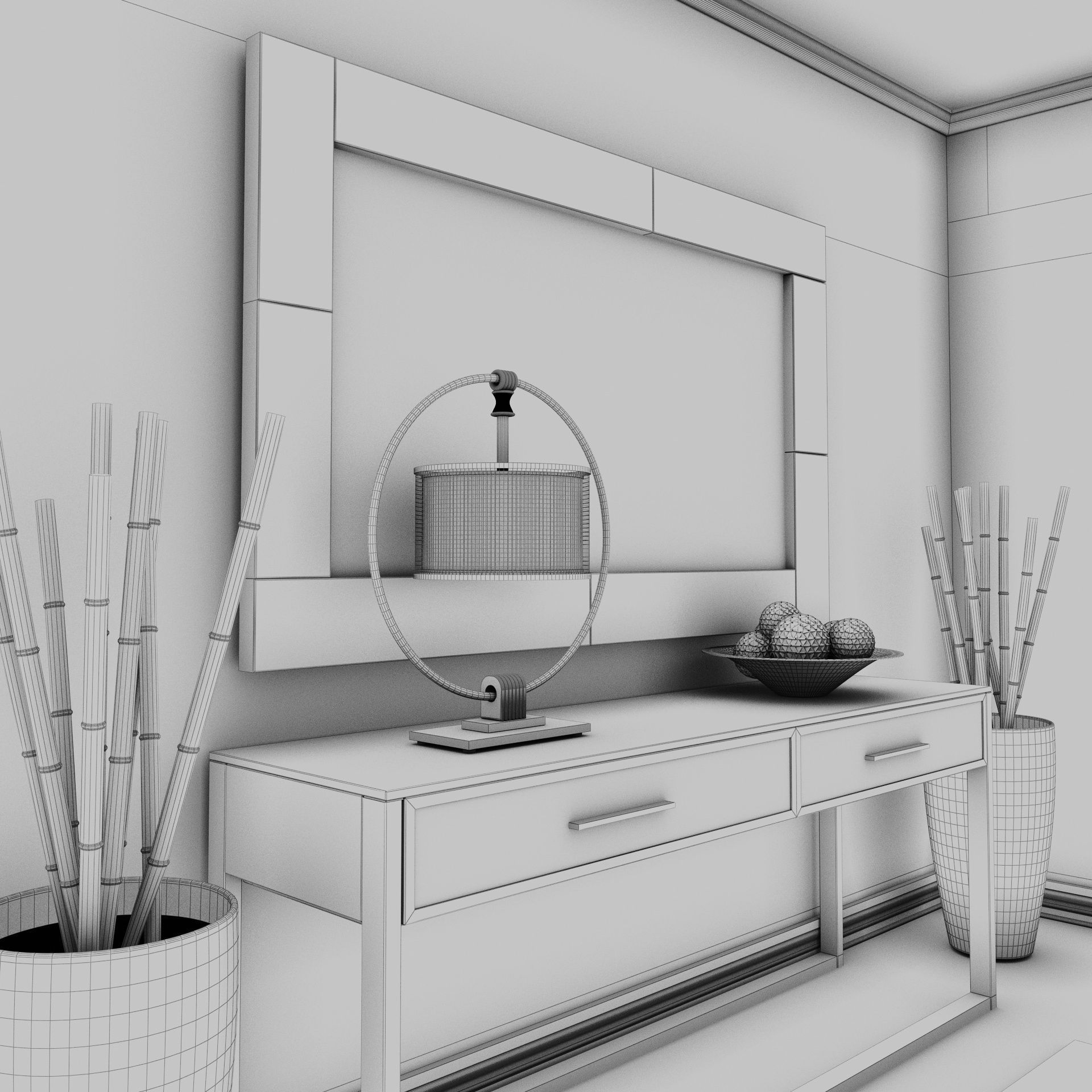 Living Room Wood Mirror Table Set 3D model 3D model_10