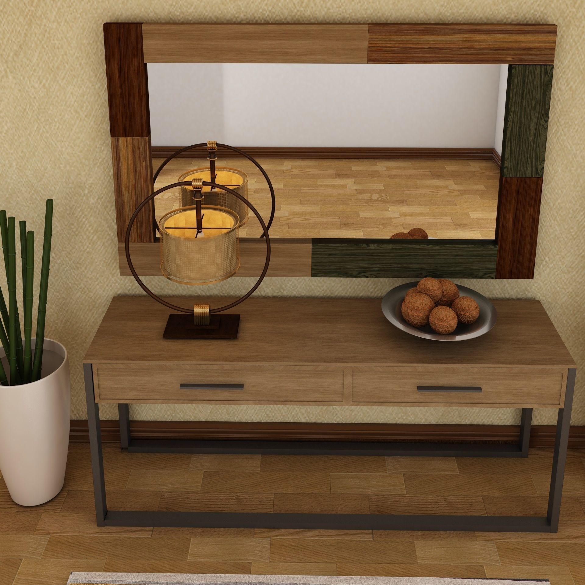 Living Room Wood Mirror Table Set 3D model 3D model_5