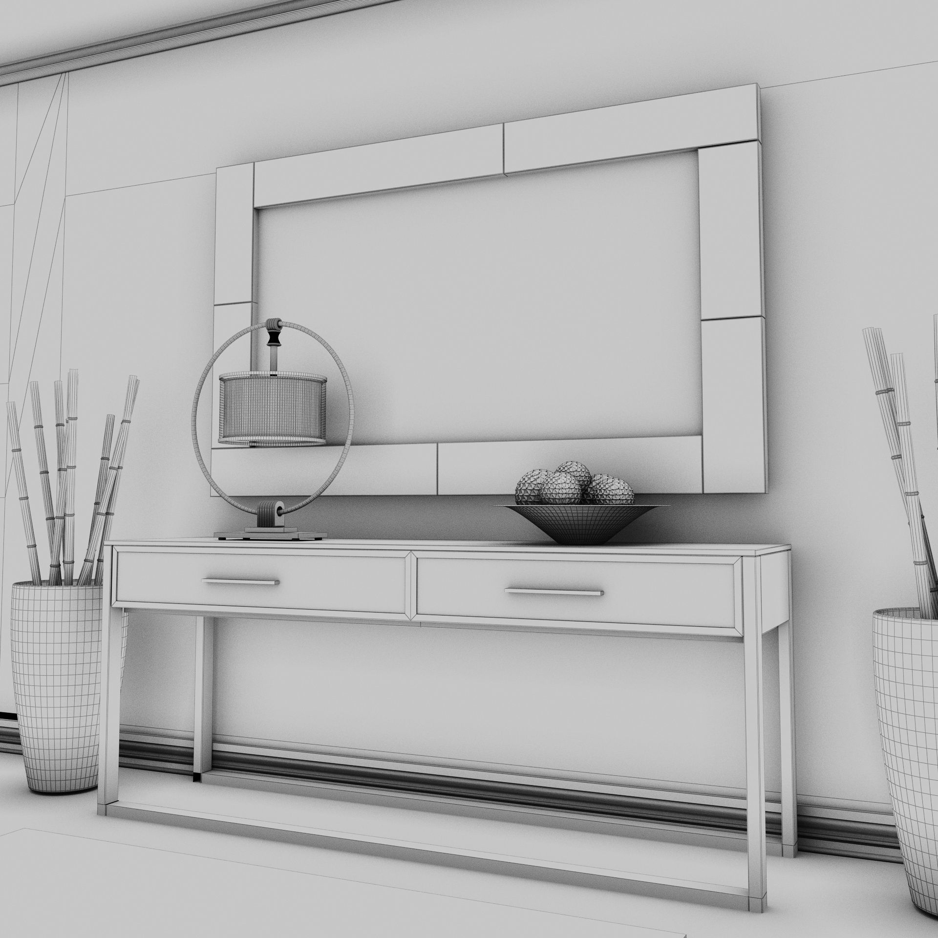 Living Room Wood Mirror Table Set 3D model 3D model_16