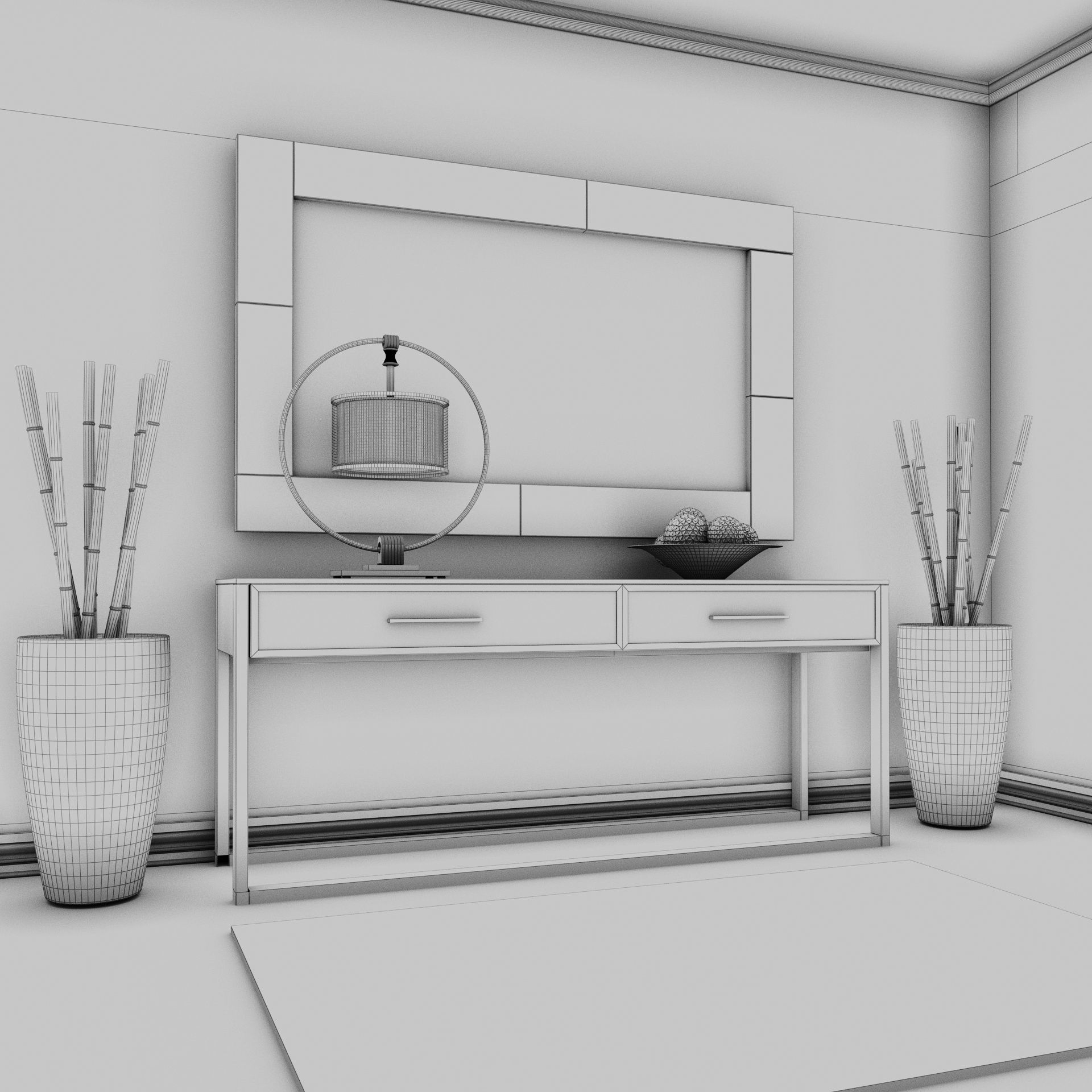 Living Room Wood Mirror Table Set 3D model 3D model_9