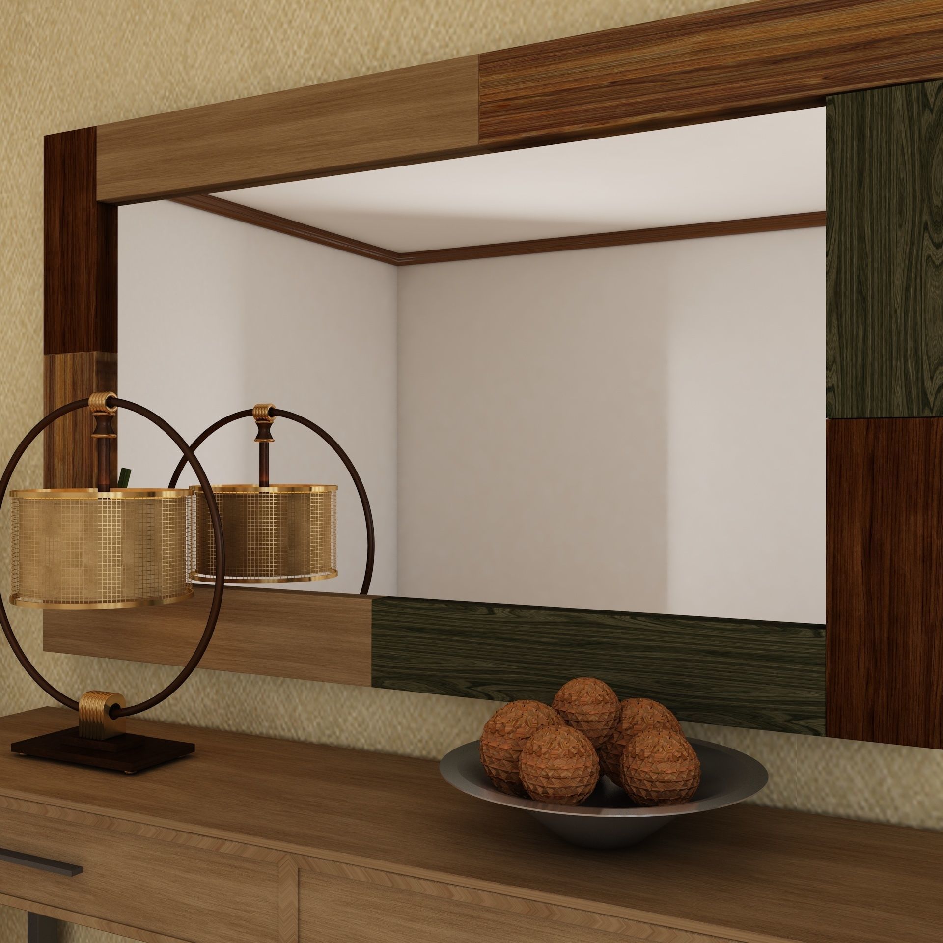 Living Room Wood Mirror Table Set 3D model 3D model_8