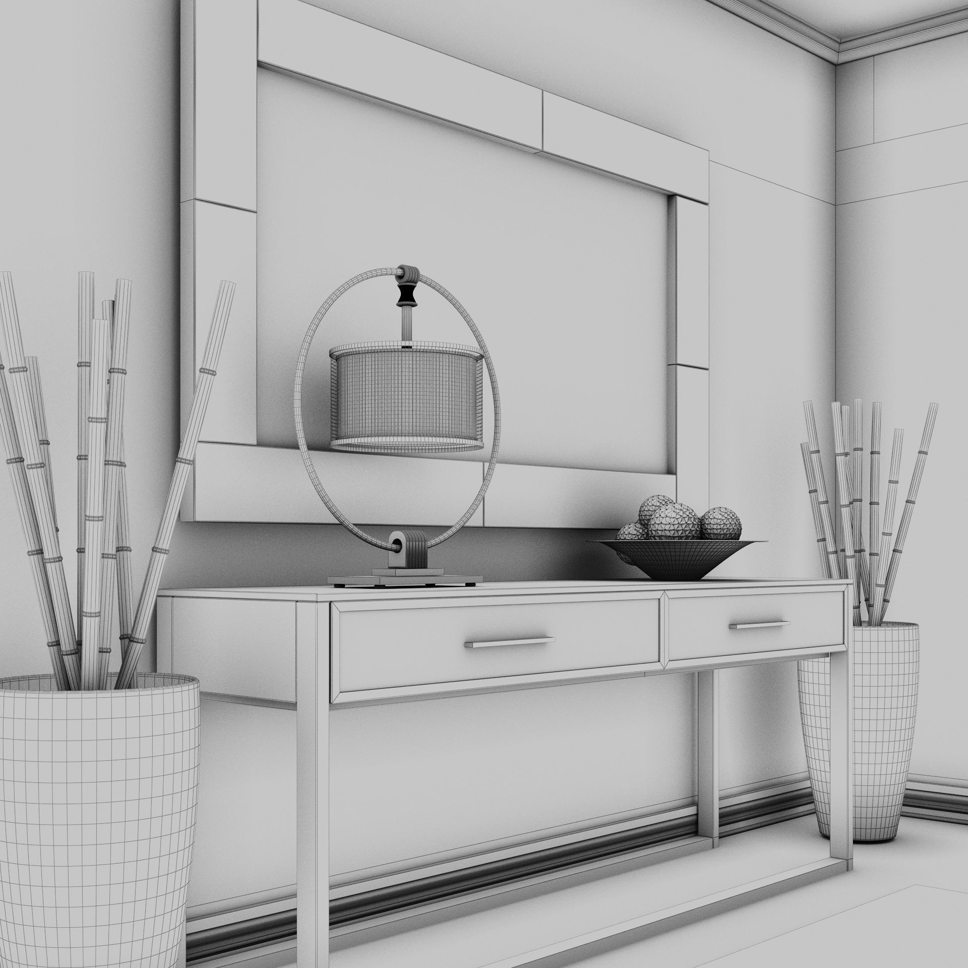 Living Room Wood Mirror Table Set 3D model 3D model_17