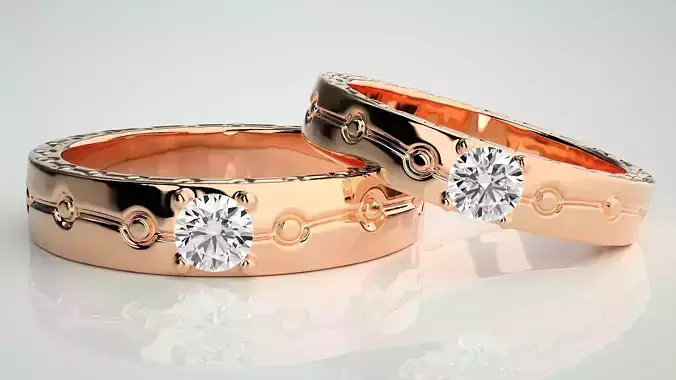Solitaire Couple Band Ring 3dm stl render detail