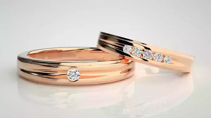Solitaire Couple Band Ring 3dm stl render detail