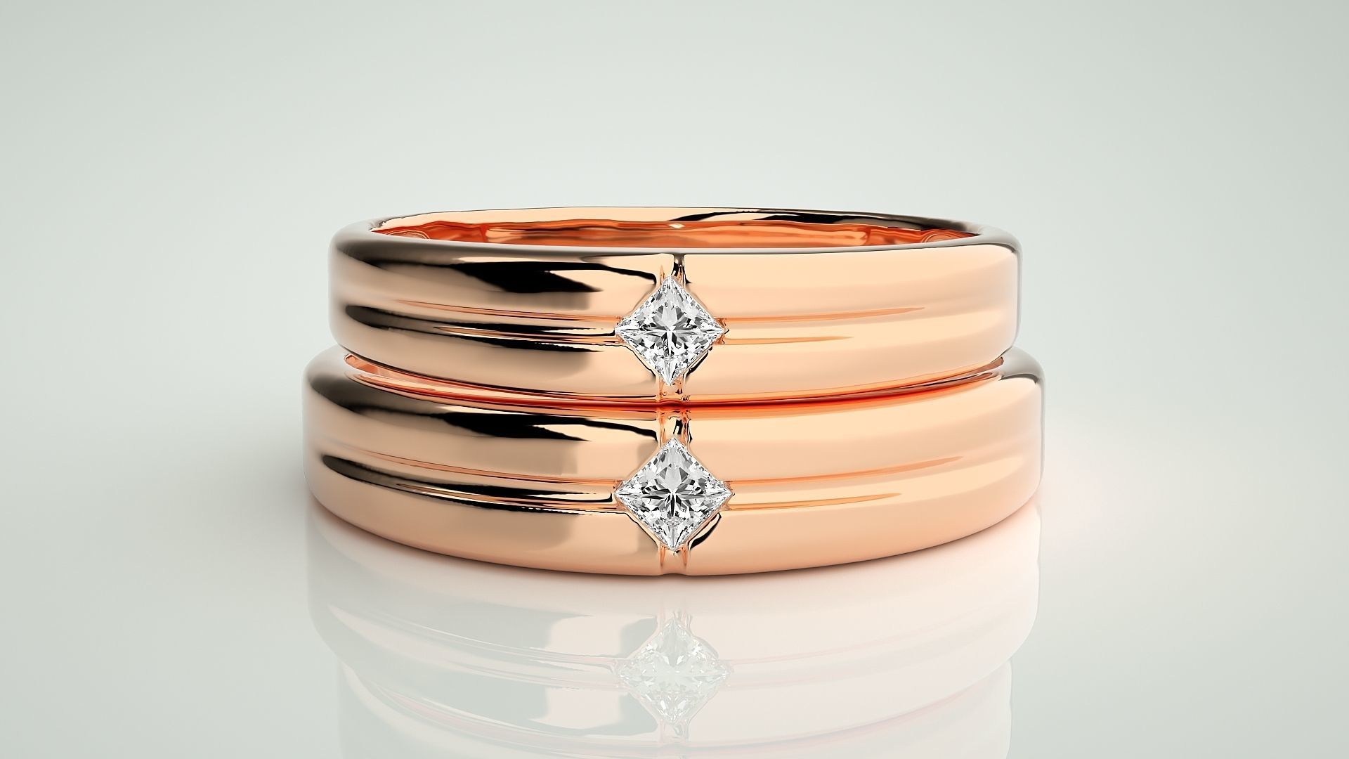 Solitaire Princess Couple Band Ring 3dm stl render detail 3D print model_2