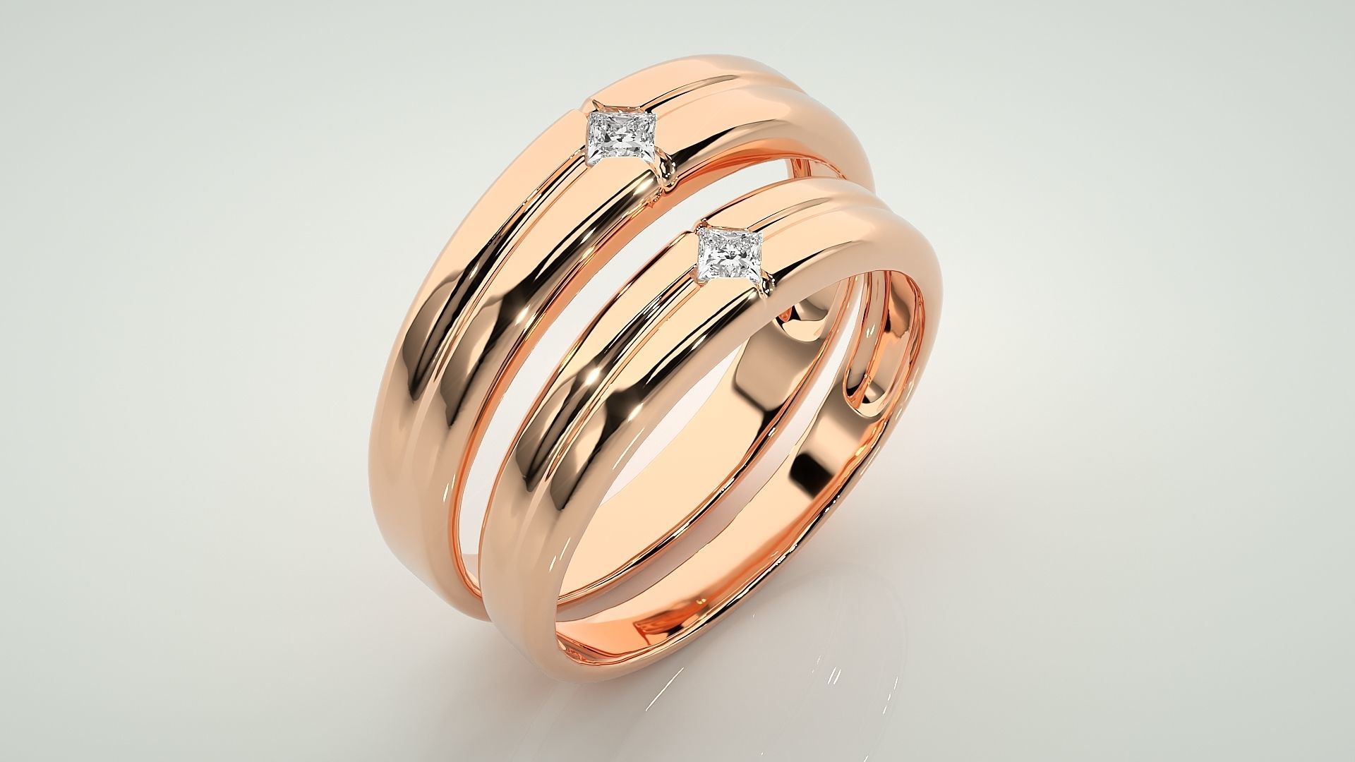 Solitaire Princess Couple Band Ring 3dm stl render detail 3D print model_3