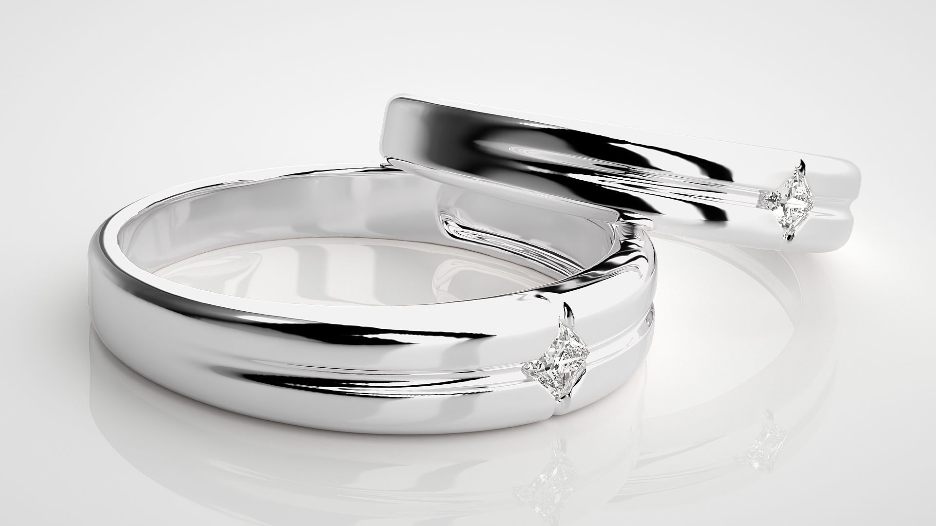 Solitaire Princess Couple Band Ring 3dm stl render detail 3D print model_5