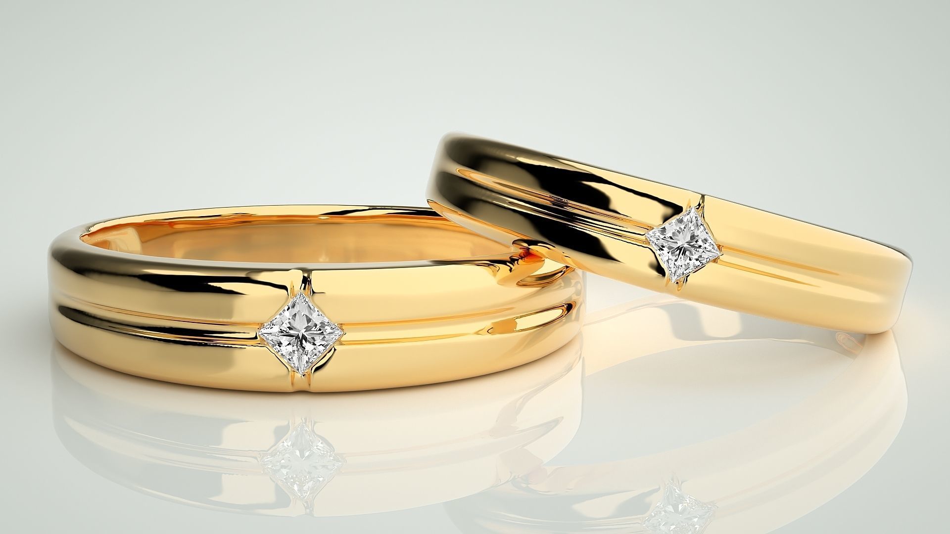 Solitaire Princess Couple Band Ring 3dm stl render detail 3D print model_8