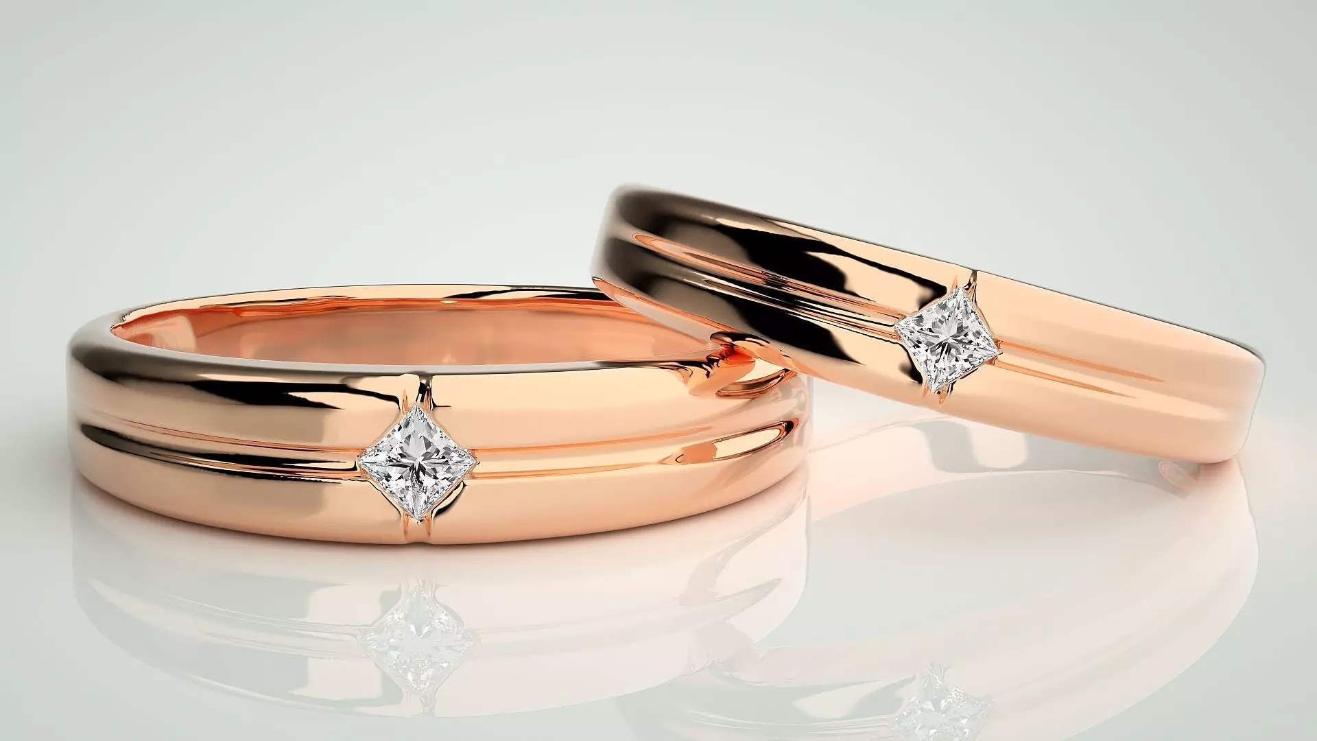 Solitaire Princess Couple Band Ring 3dm stl render detail 3D print model_0