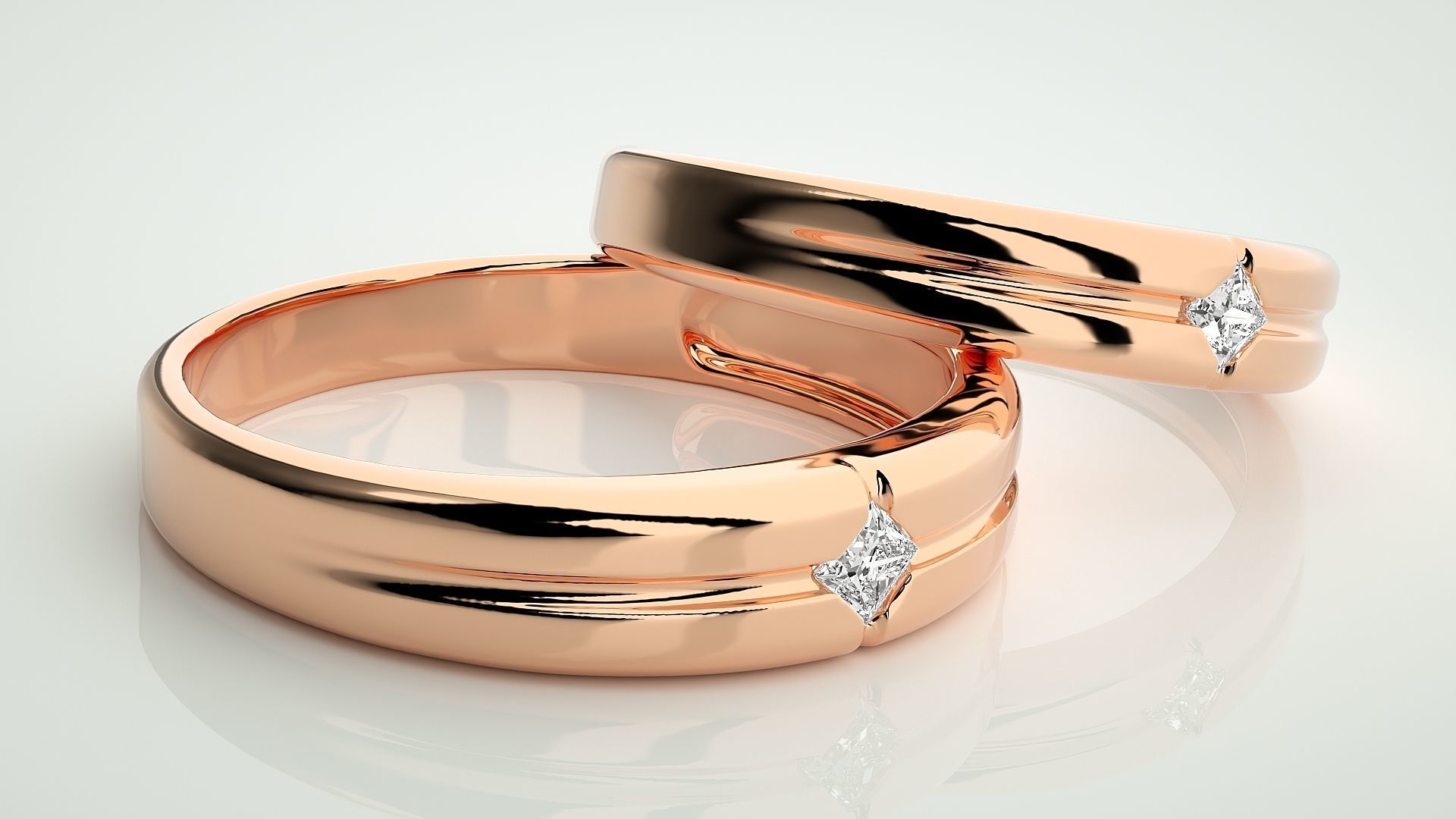 Solitaire Princess Couple Band Ring 3dm stl render detail 3D print model_1