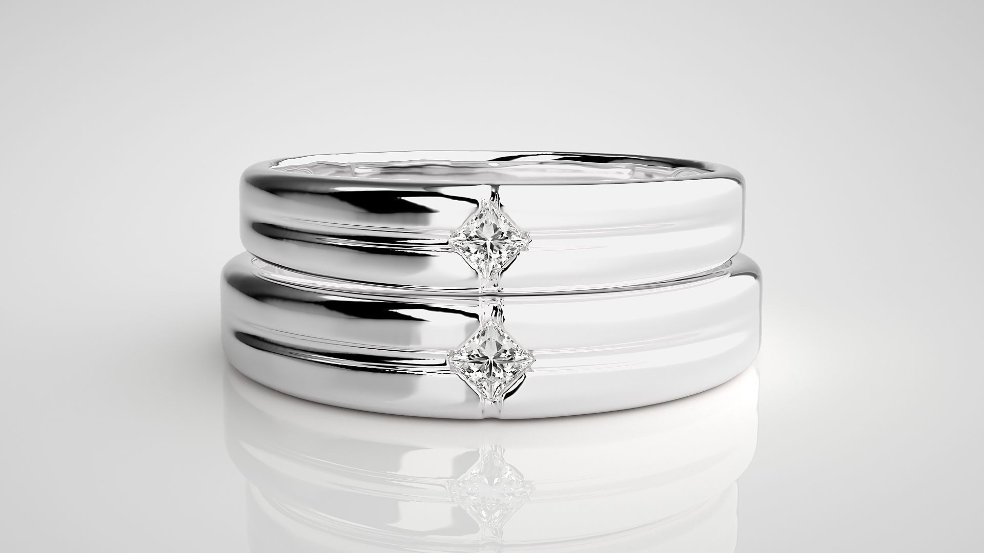 Solitaire Princess Couple Band Ring 3dm stl render detail 3D print model_6