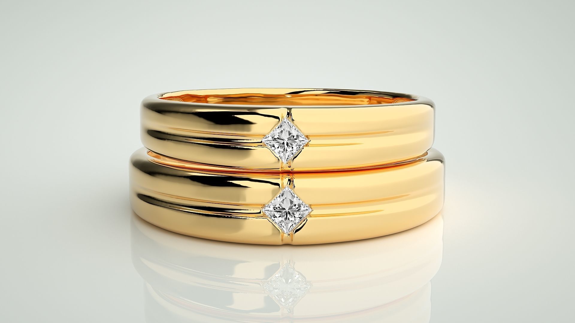 Solitaire Princess Couple Band Ring 3dm stl render detail 3D print model_10
