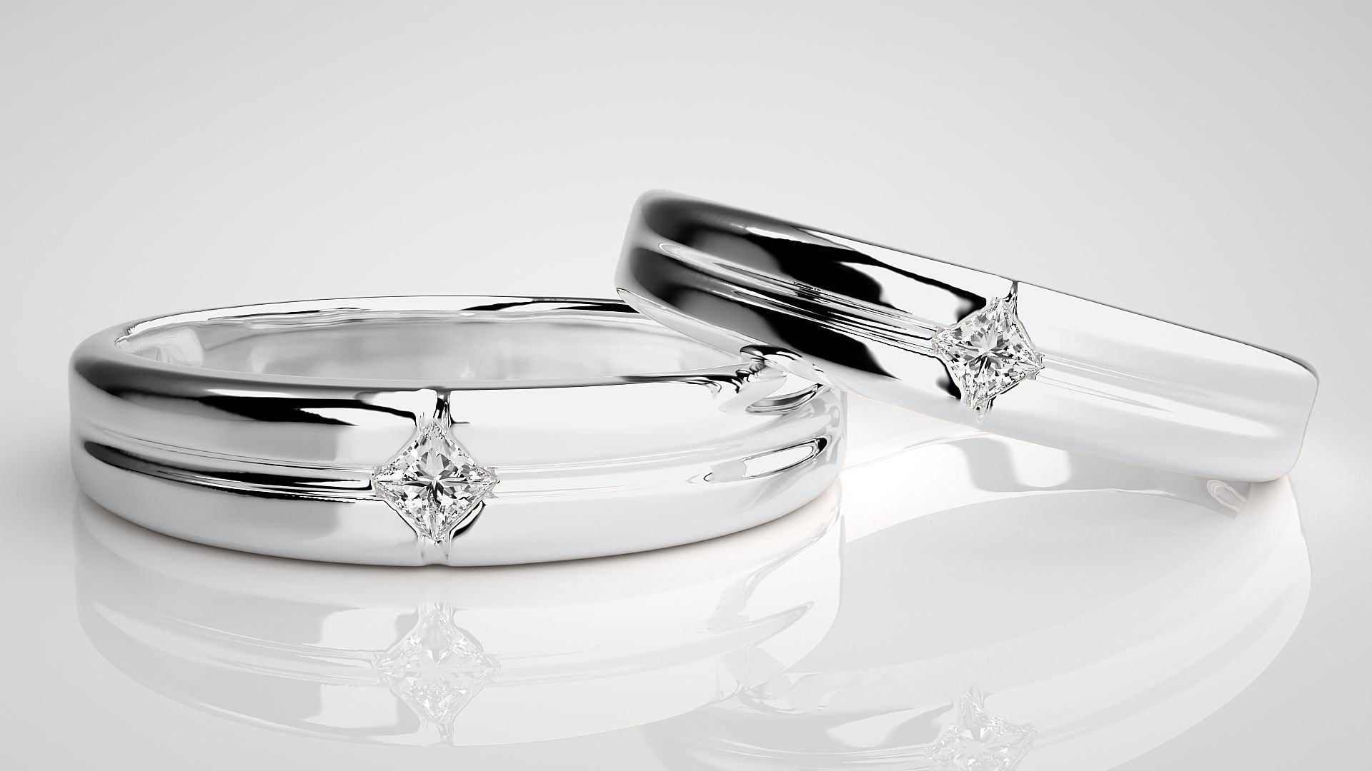 Solitaire Princess Couple Band Ring 3dm stl render detail 3D print model_4