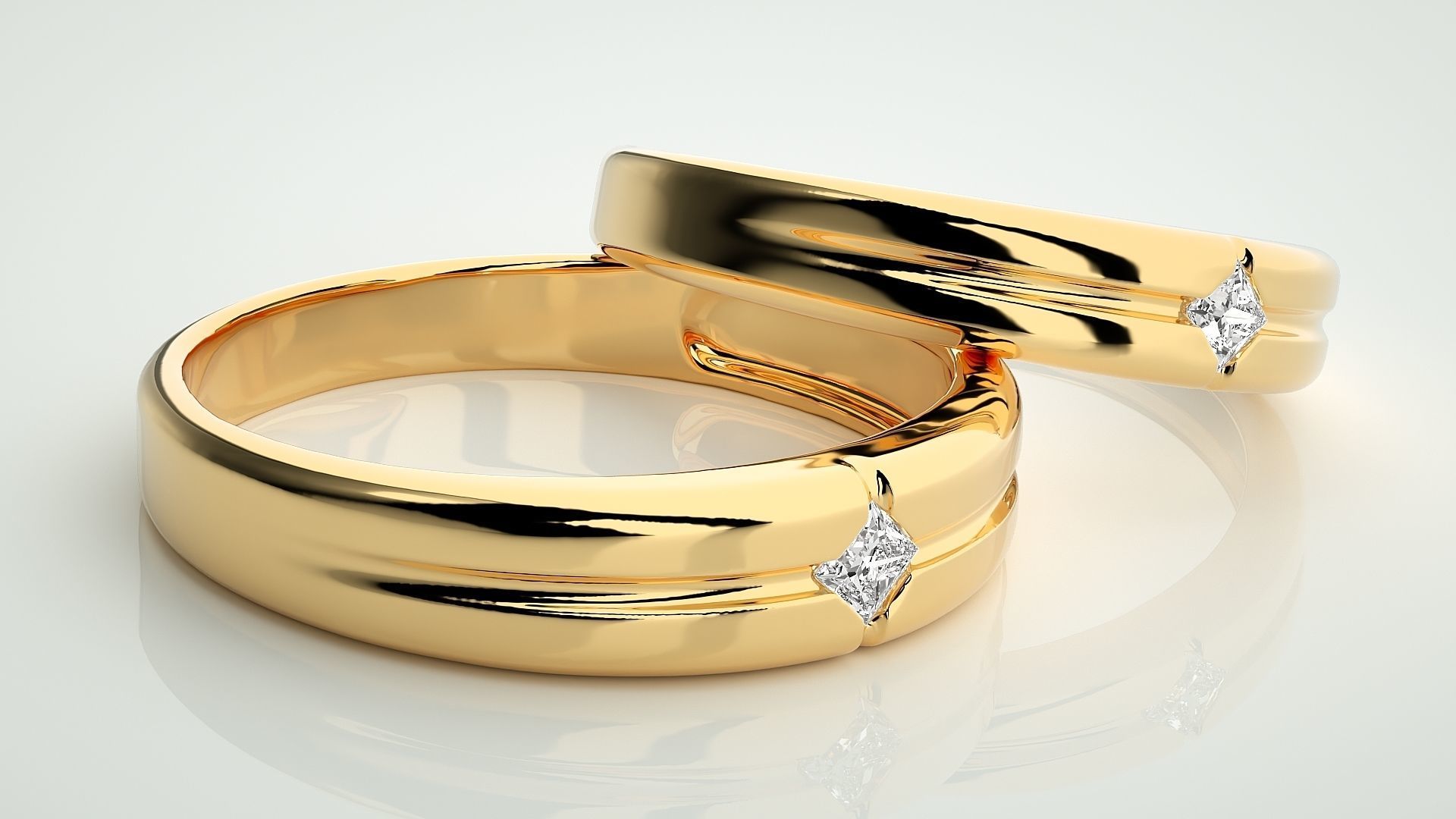 Solitaire Princess Couple Band Ring 3dm stl render detail 3D print model_9