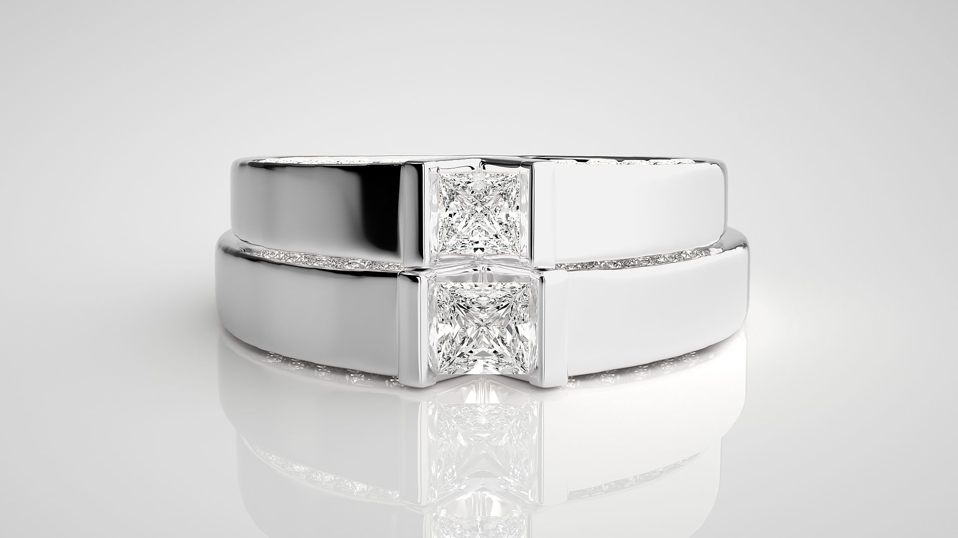 Solitaire Princess Couple Band Ring 3dm stl render detail 3D print model_6