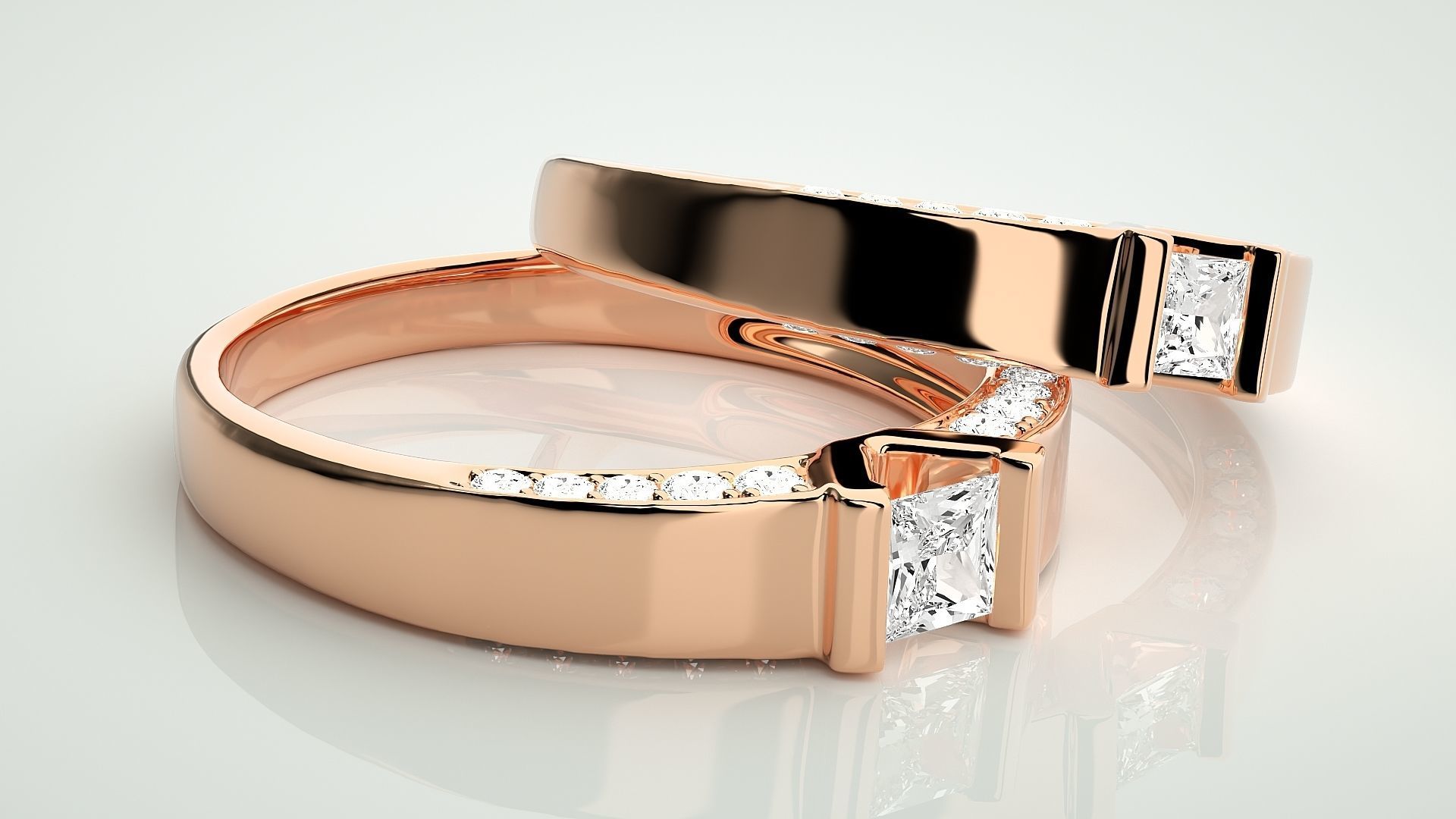 Solitaire Princess Couple Band Ring 3dm stl render detail 3D print model_1
