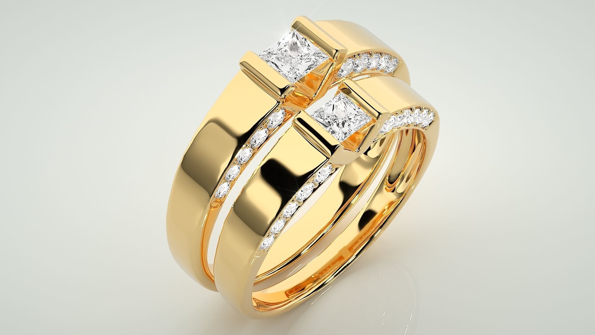 Solitaire Princess Couple Band Ring 3dm stl render detail 3D print model_11