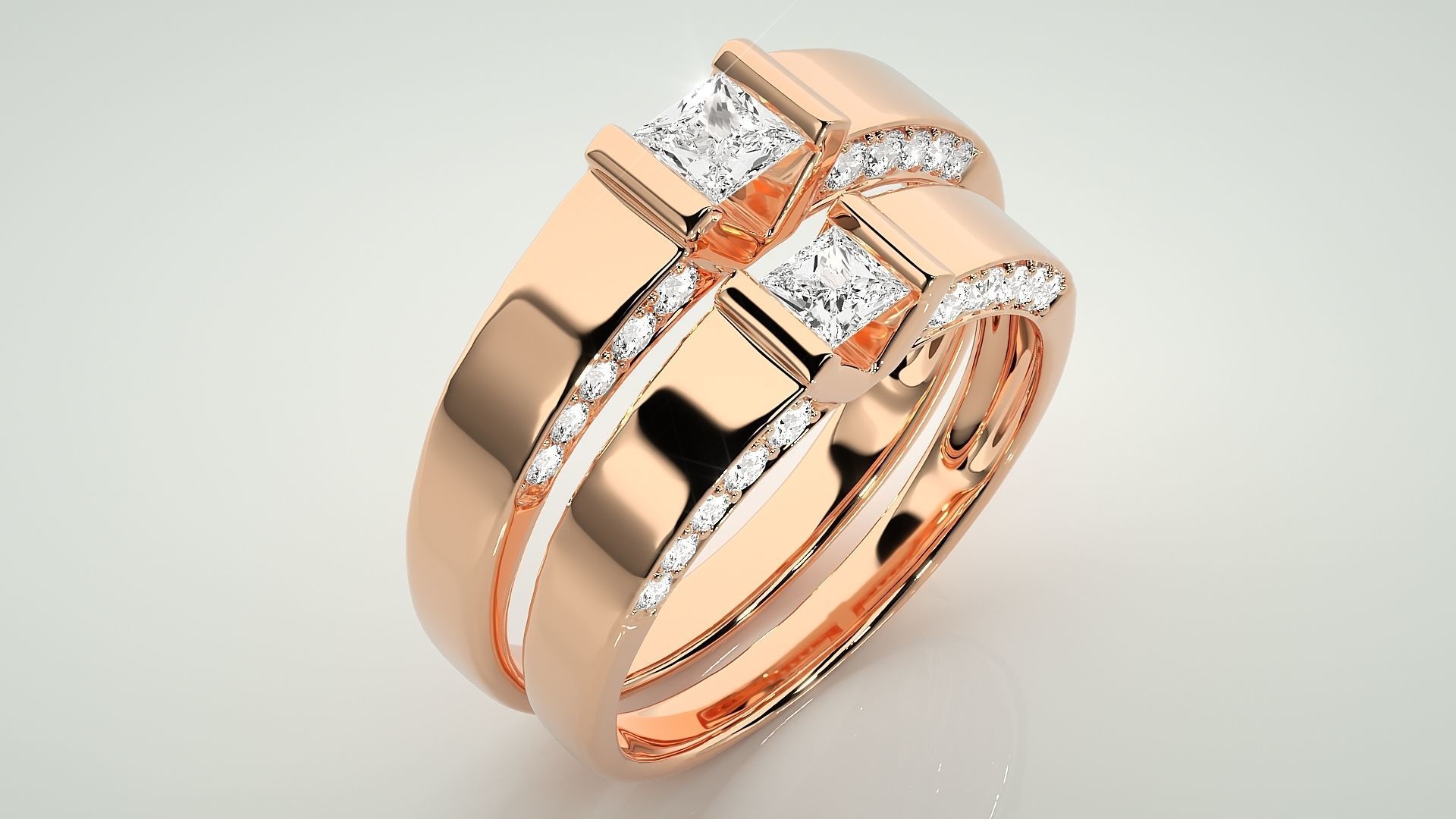 Solitaire Princess Couple Band Ring 3dm stl render detail 3D print model_3